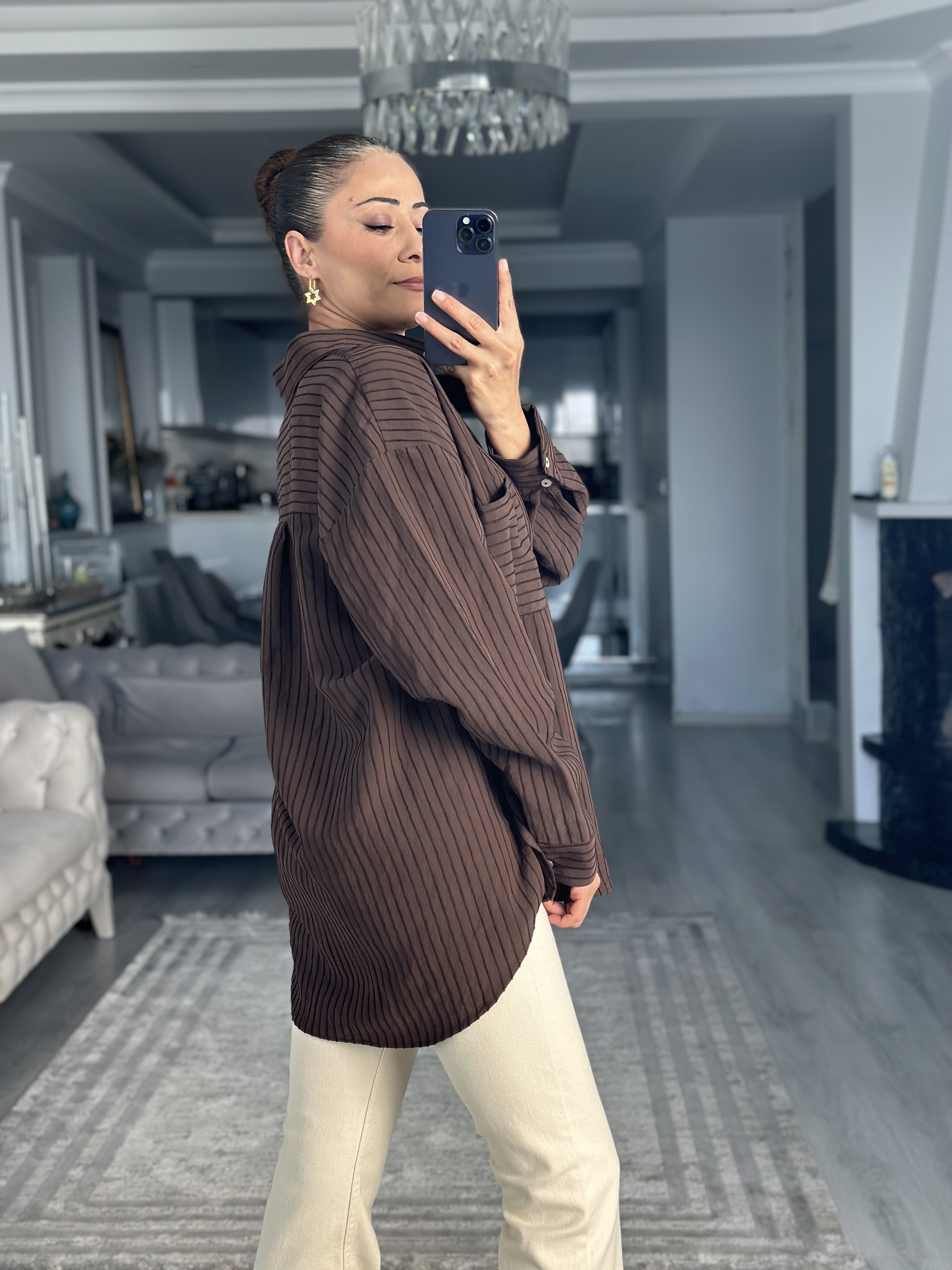 Kahverengi Tek Cepli Çizgi Detay Oversize Kadın Gömlek