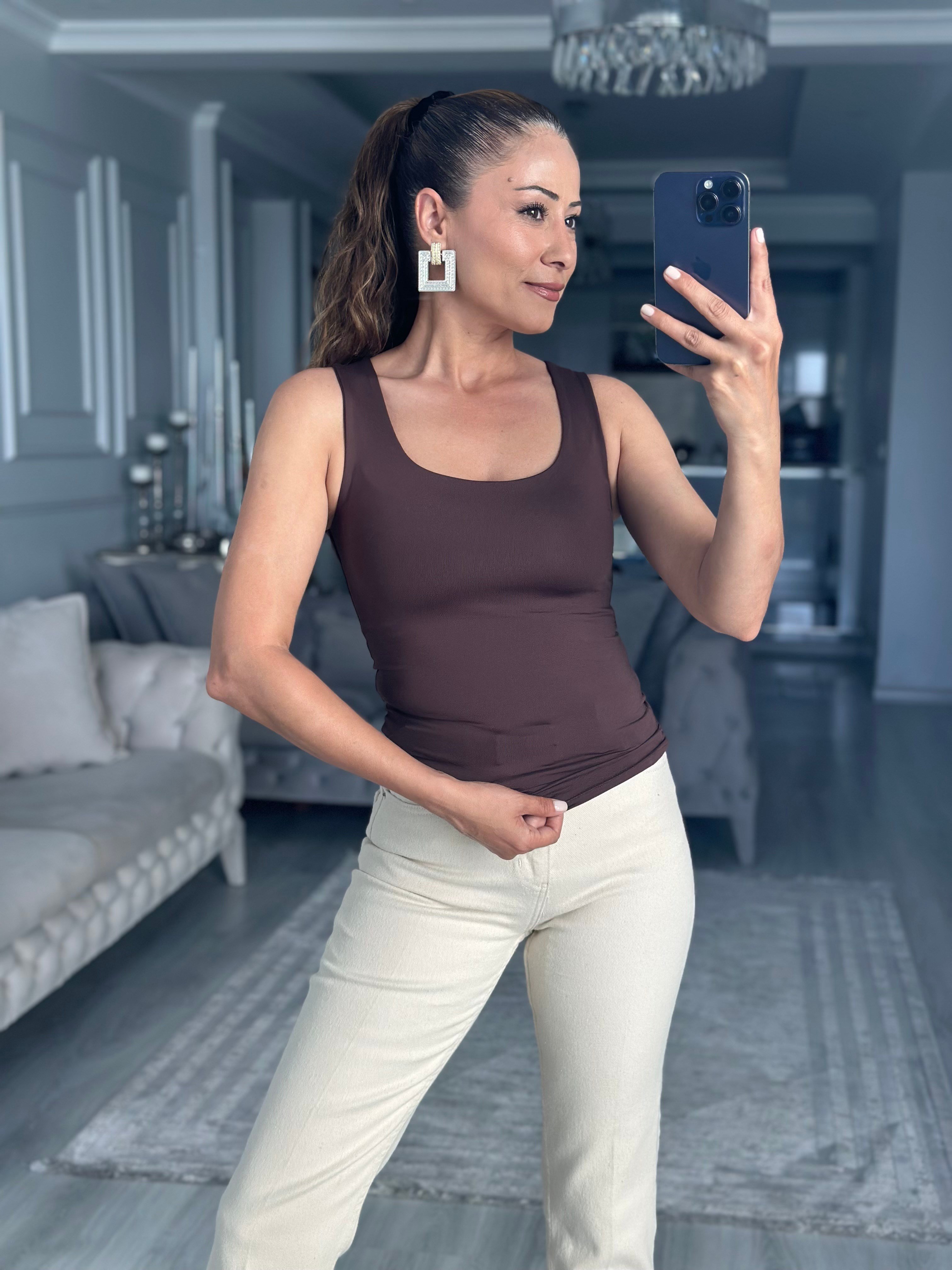 Kahverengi U Yaka Kalın Askılı Kadın Body