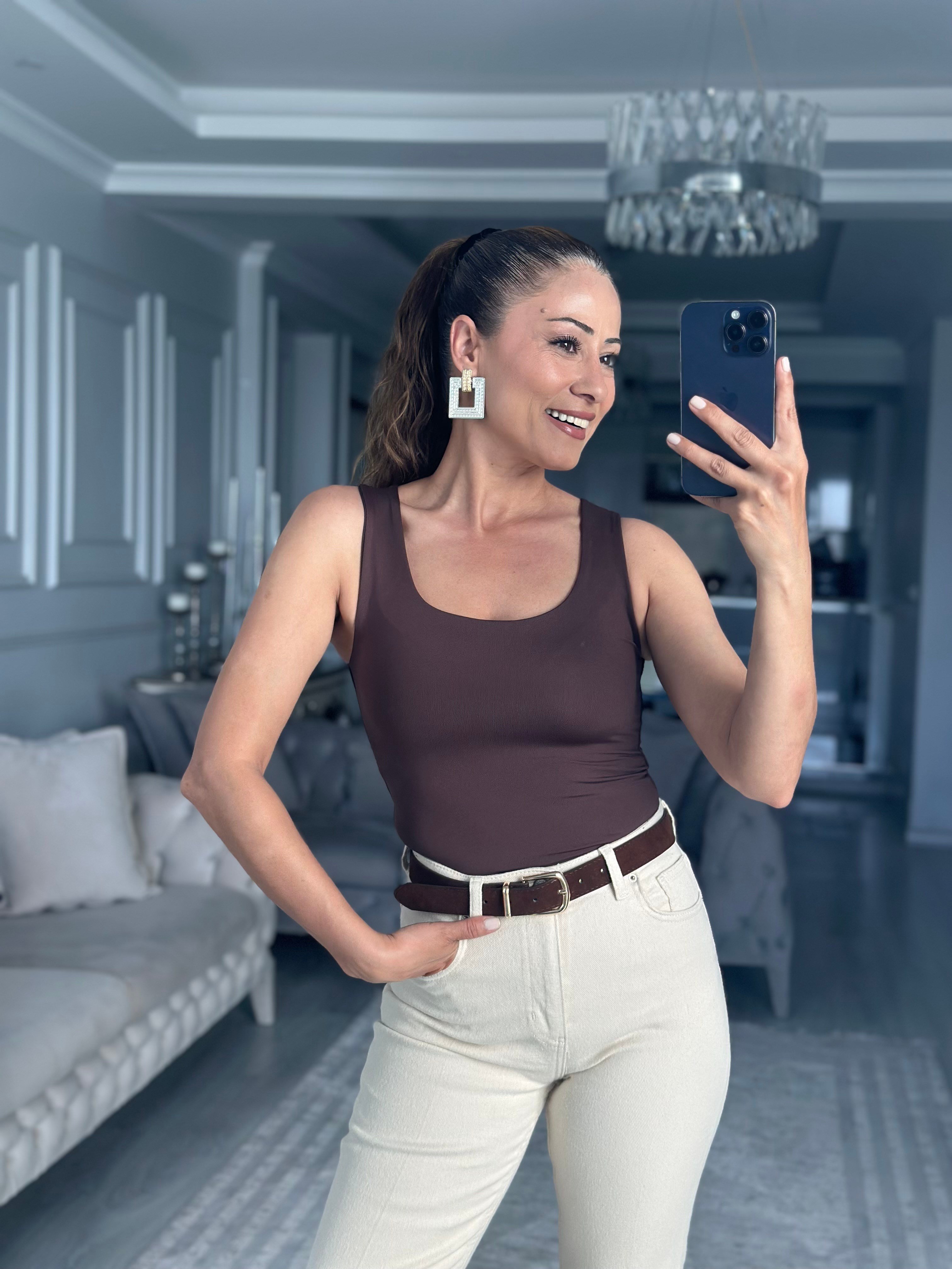 Kahverengi U Yaka Kalın Askılı Kadın Body