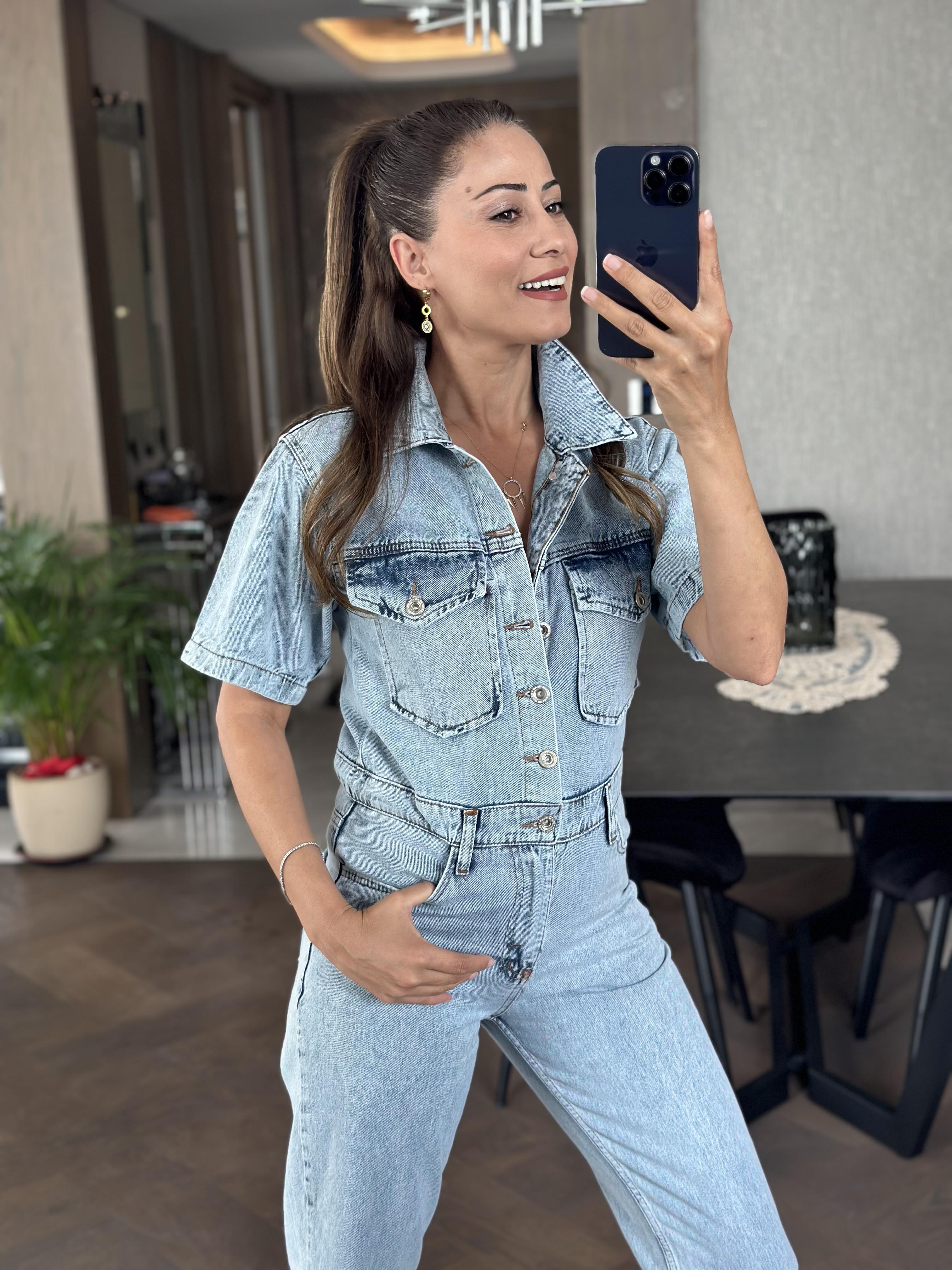 Kar Yıkama Önü Fermuarlı Kısa Kol Mom Kadın Jean Tulum