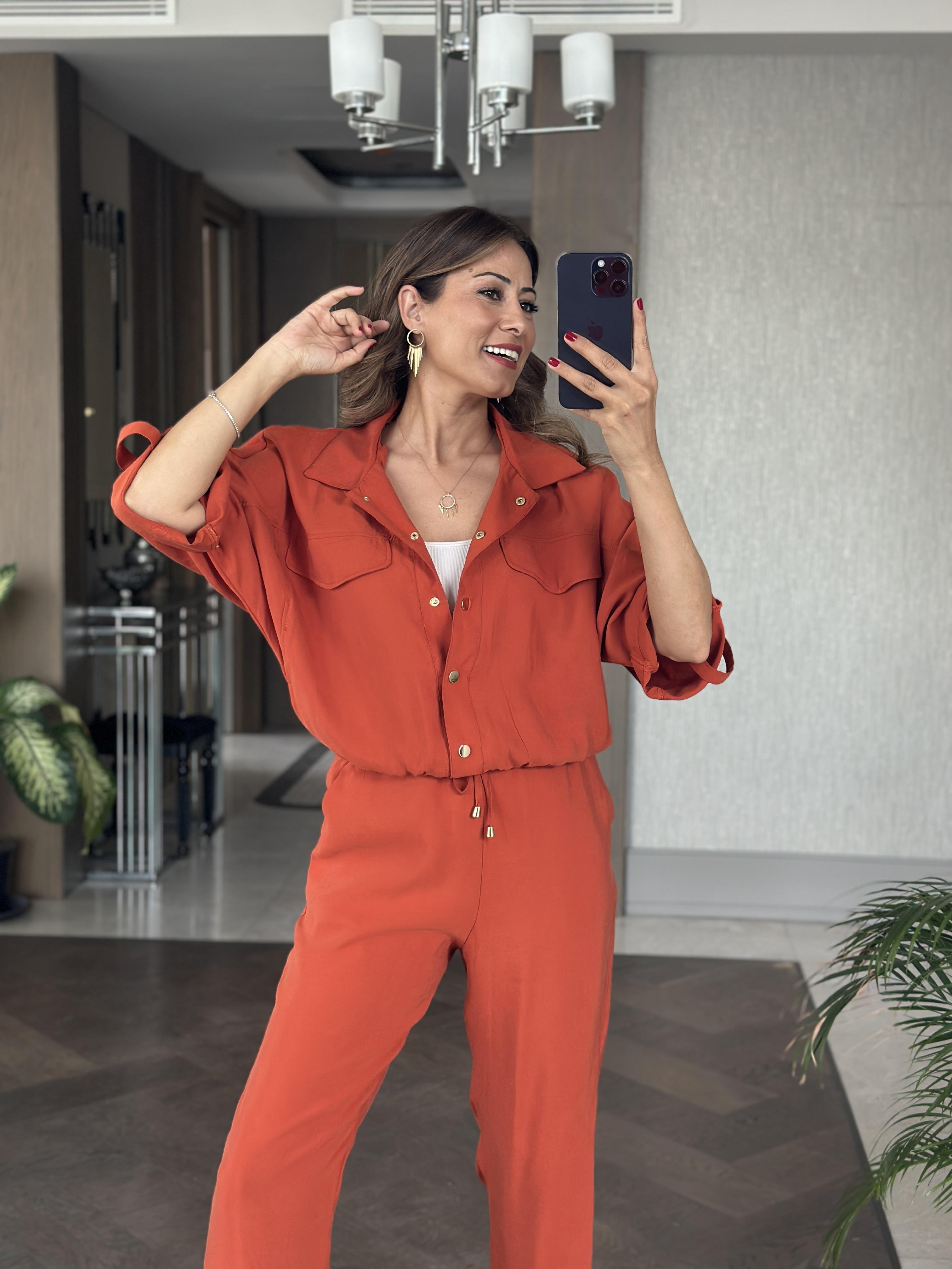 Kiremit Bomber Ceket Pantolon Kadın İkili Takım