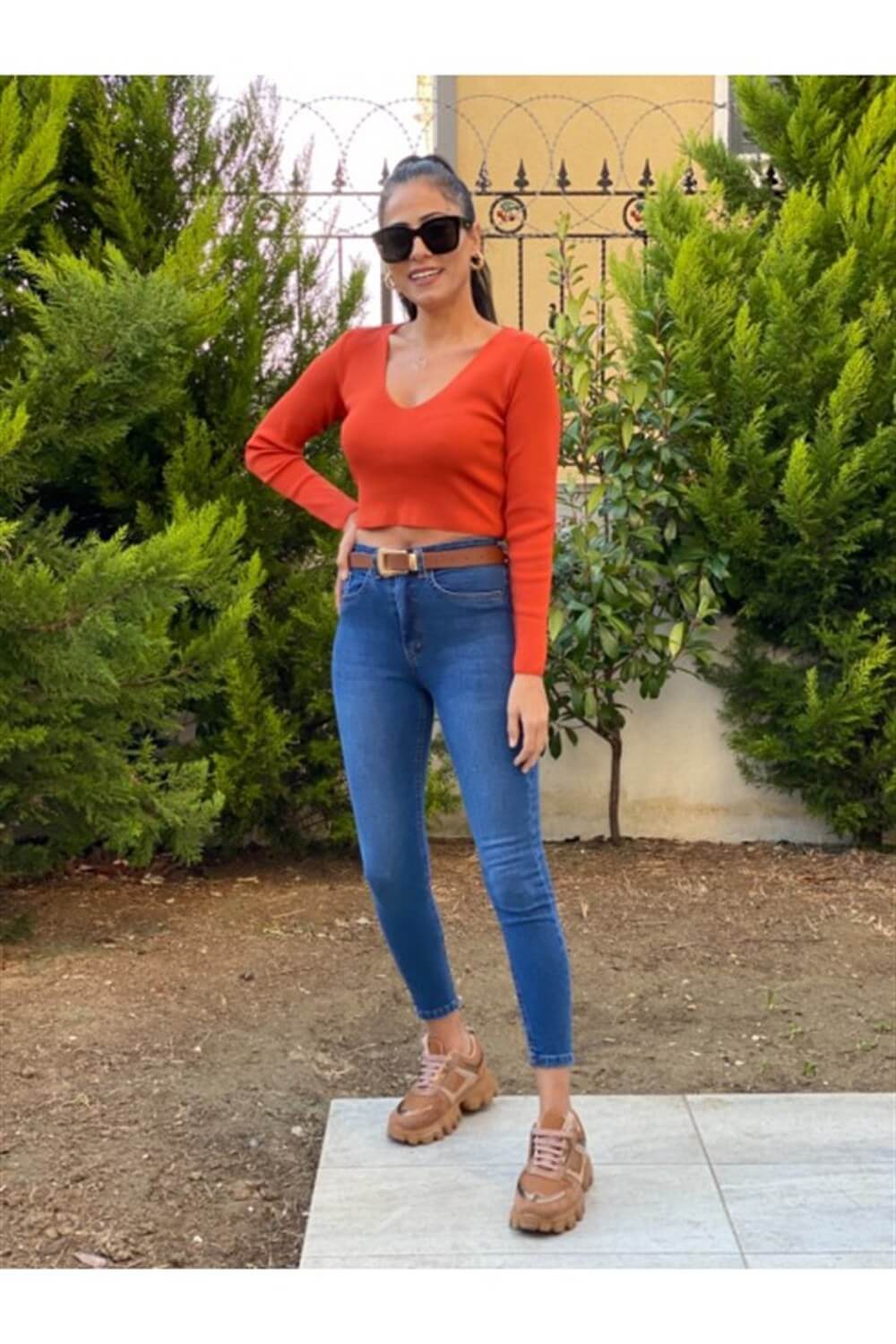 Kiremit Kısa Triko Bluz