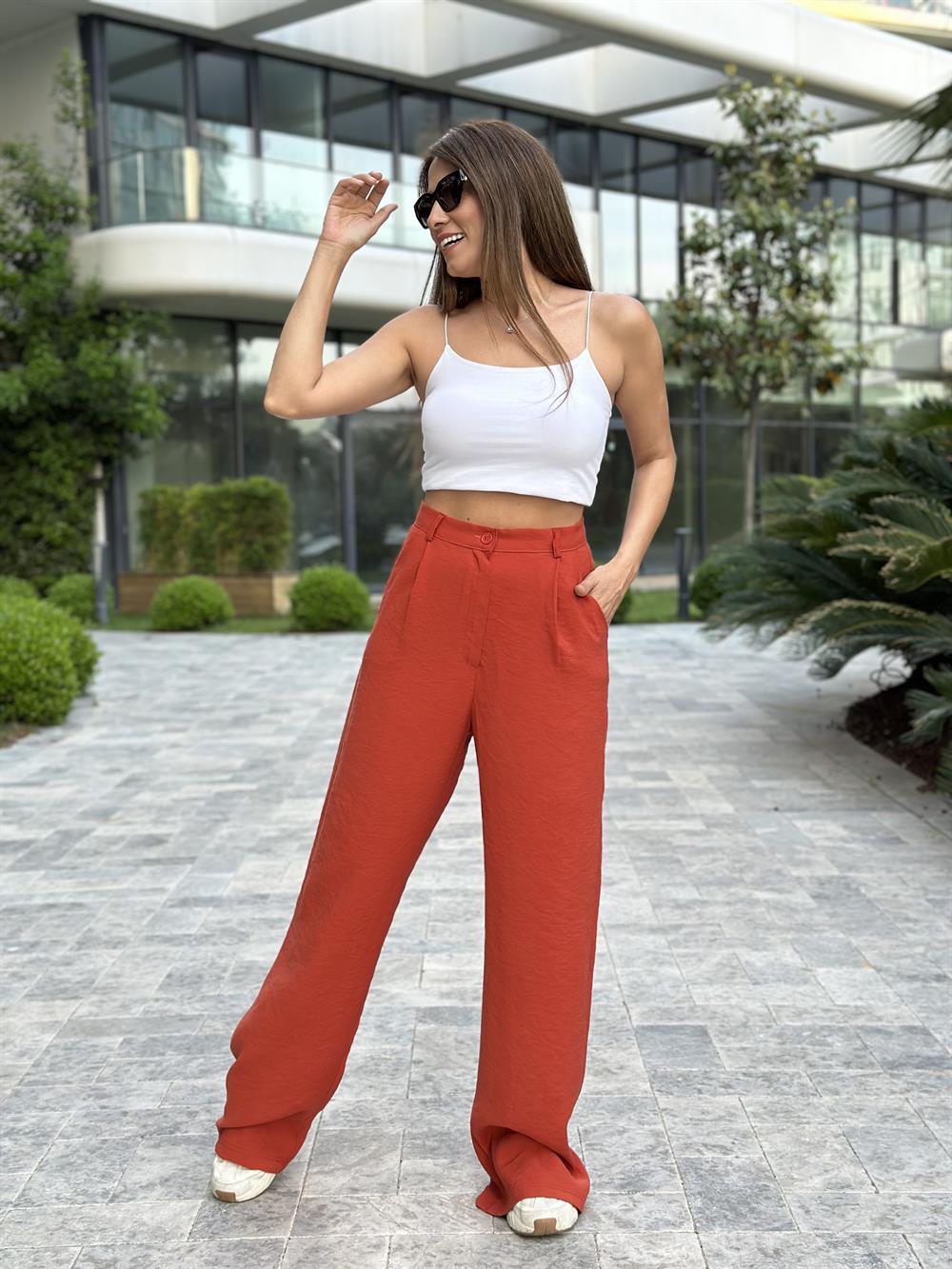 Kiremit Tensel Cepli Bol Paça Kadın Pantolon