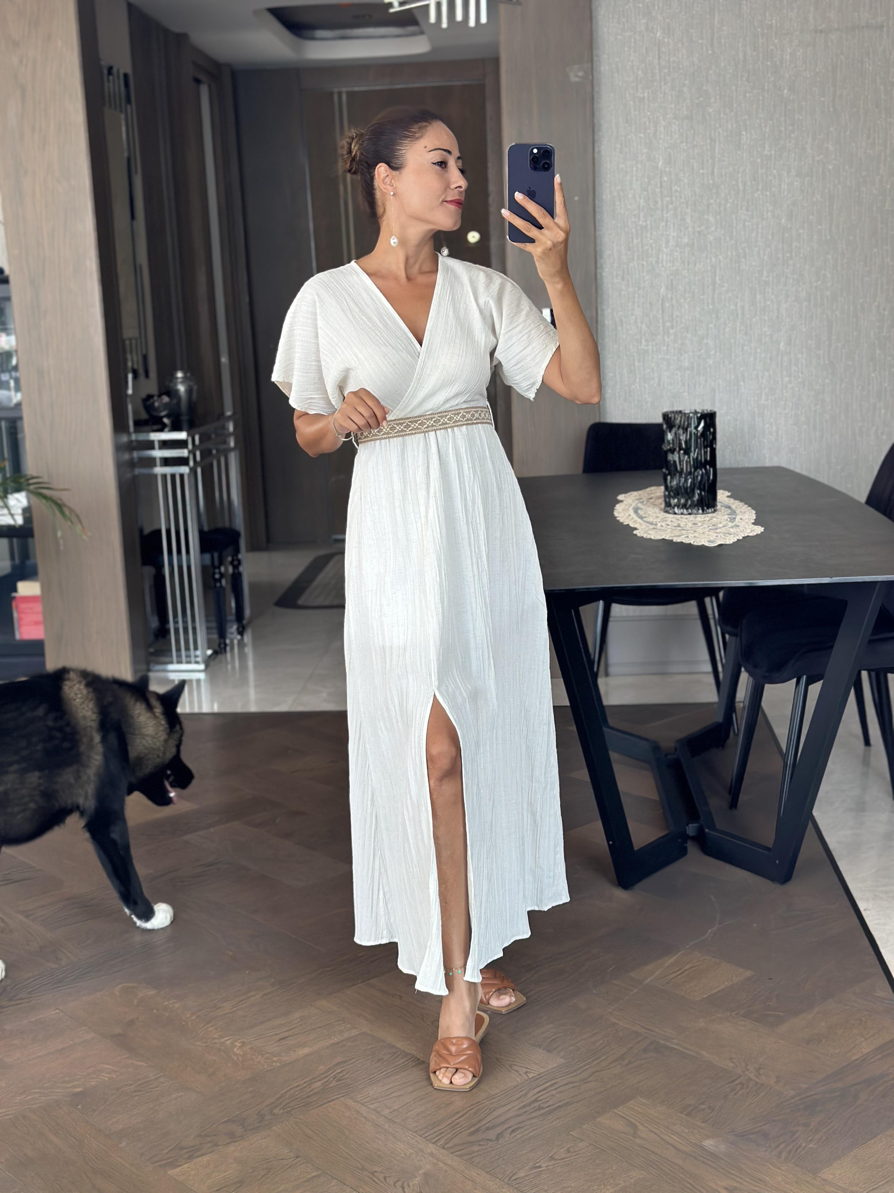 Kırık Beyaz Kemerli Mini Astarlı Kruvaze Yaka Midi Boy Kadın Elbise