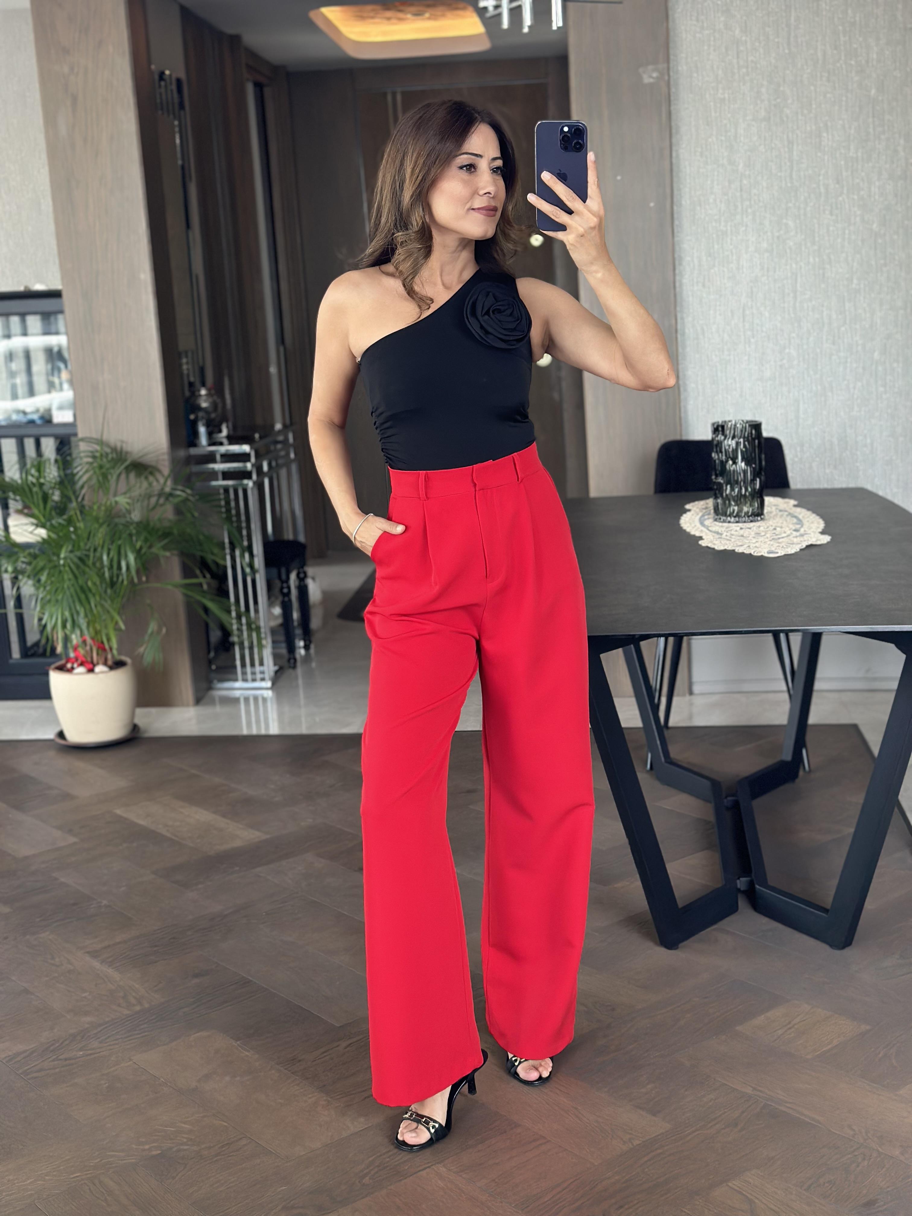 Kırmızı Atlas Kumaş Orjinal Marka Palazzo Kadın Pantolon