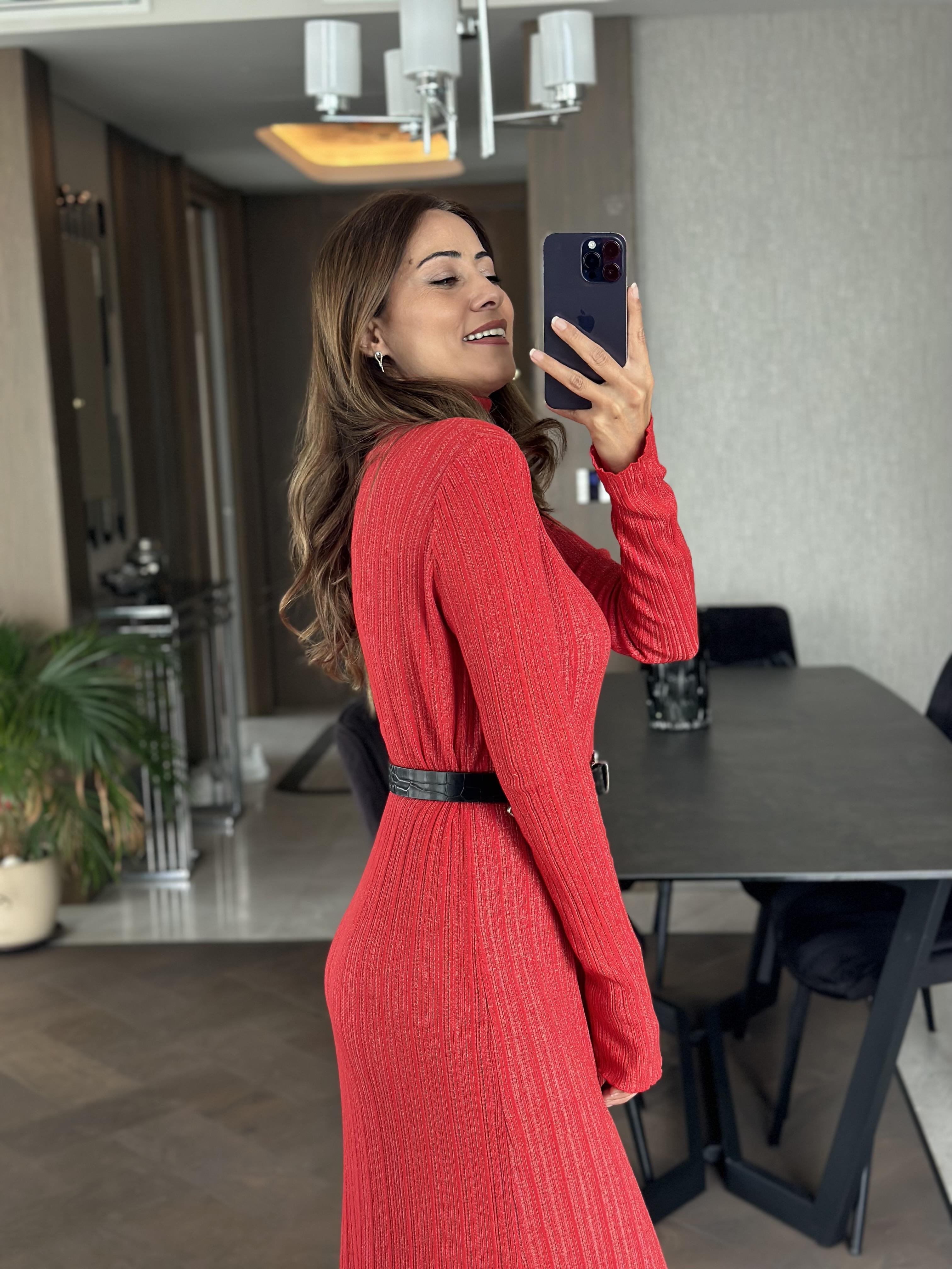 Kırmızı Balıkçı Yaka Çizgi Desen Maksi Boy Kadın Elbise