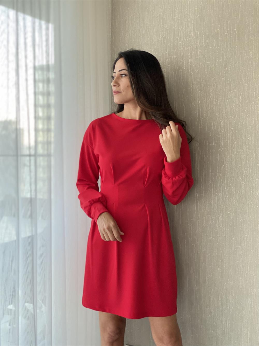 Kırmızı Beli Pensli Likralı Krep Kadın Elbise