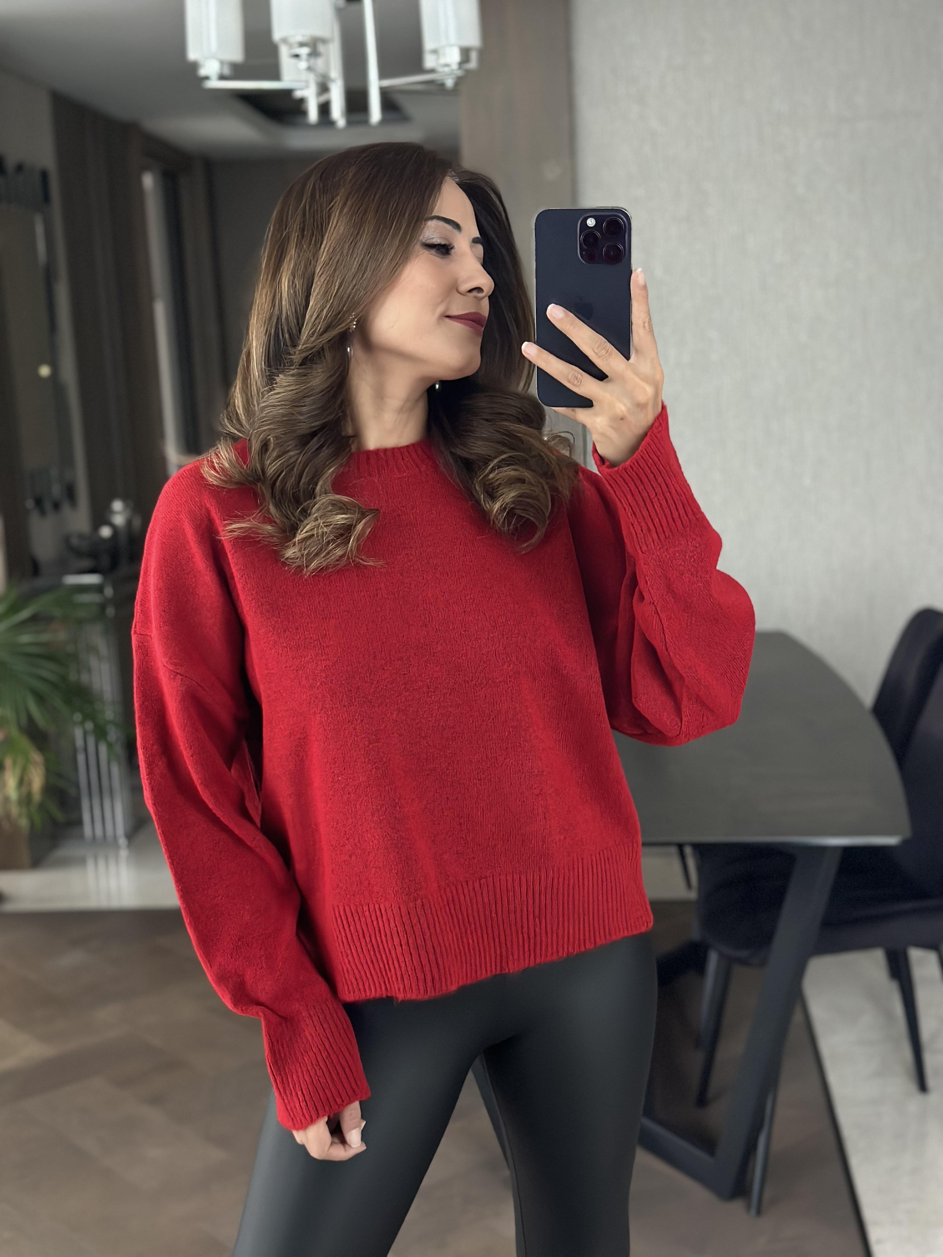 Kırmızı Bisiklet Yaka Oversize  Kadın Triko Kazak