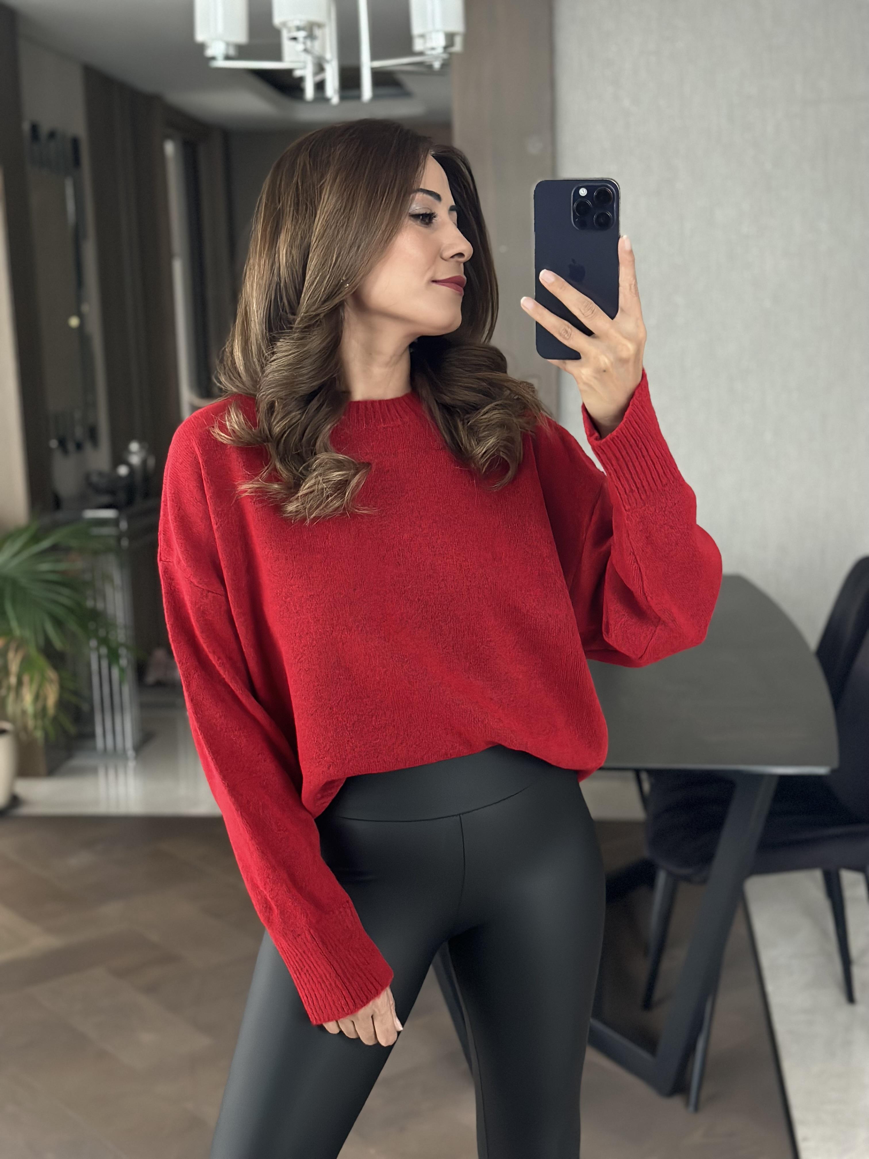 Kırmızı Bisiklet Yaka Oversize  Kadın Triko Kazak