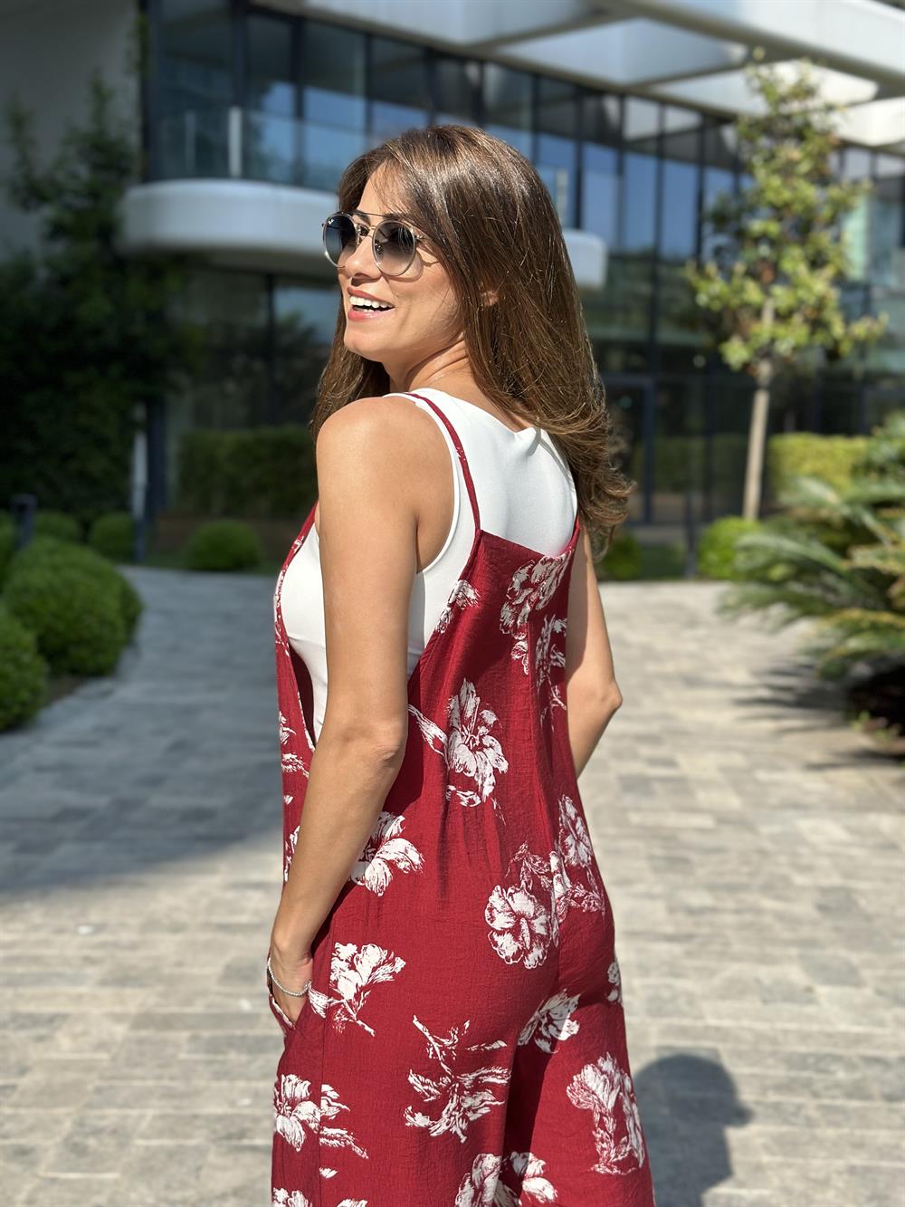 Kırmızı Çiçek  Askılı Kadın Tulum