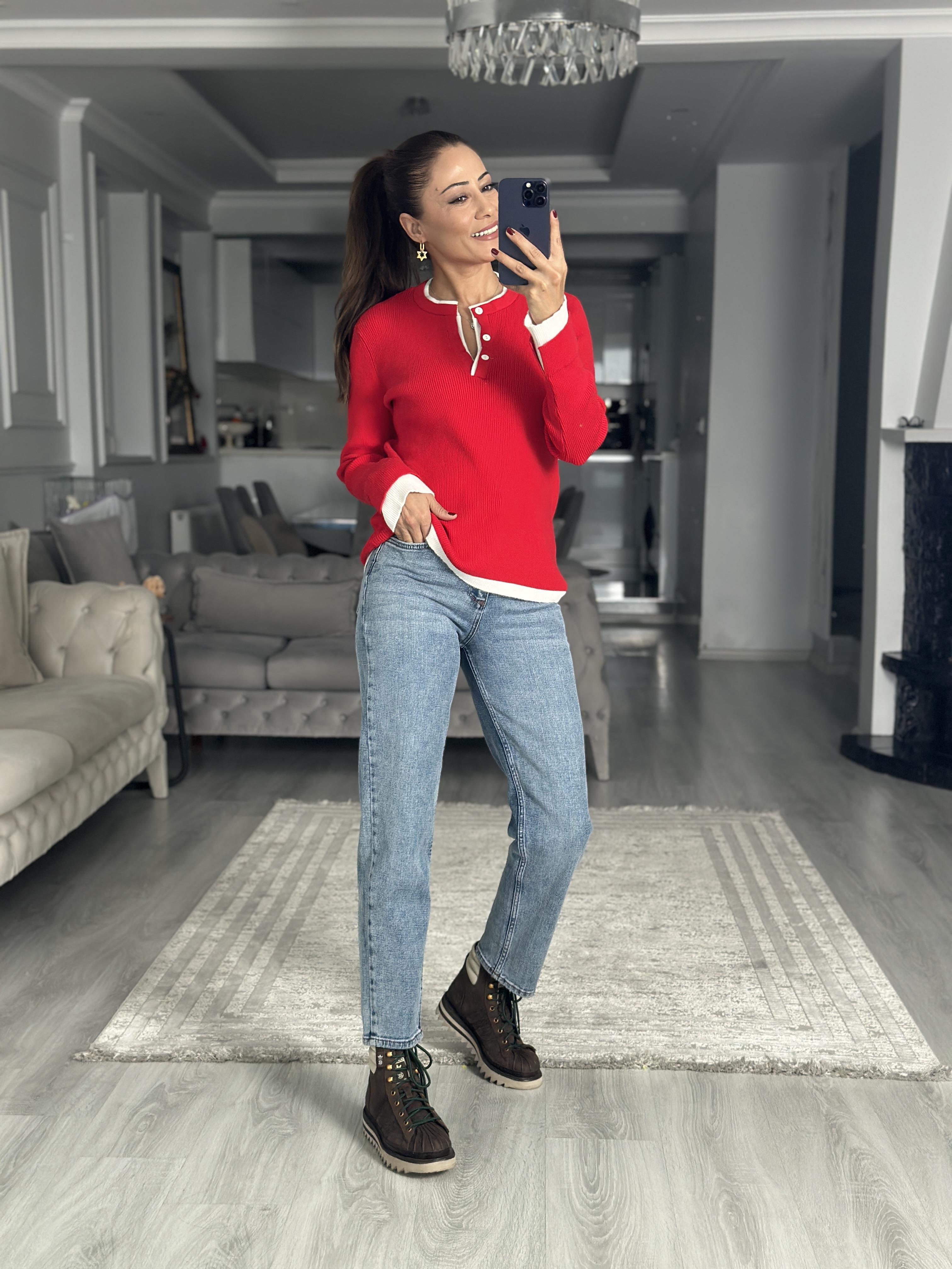 Kırmızı Çift Renk Ribanalı Fitilli Kadın Triko Kazak