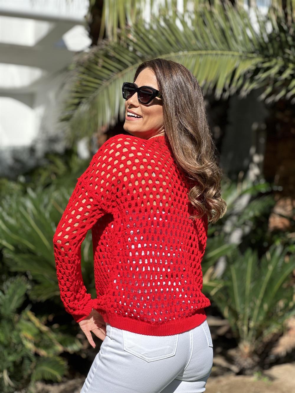 Kırmızı Dekolte Örgülü Kadın Triko Kazak