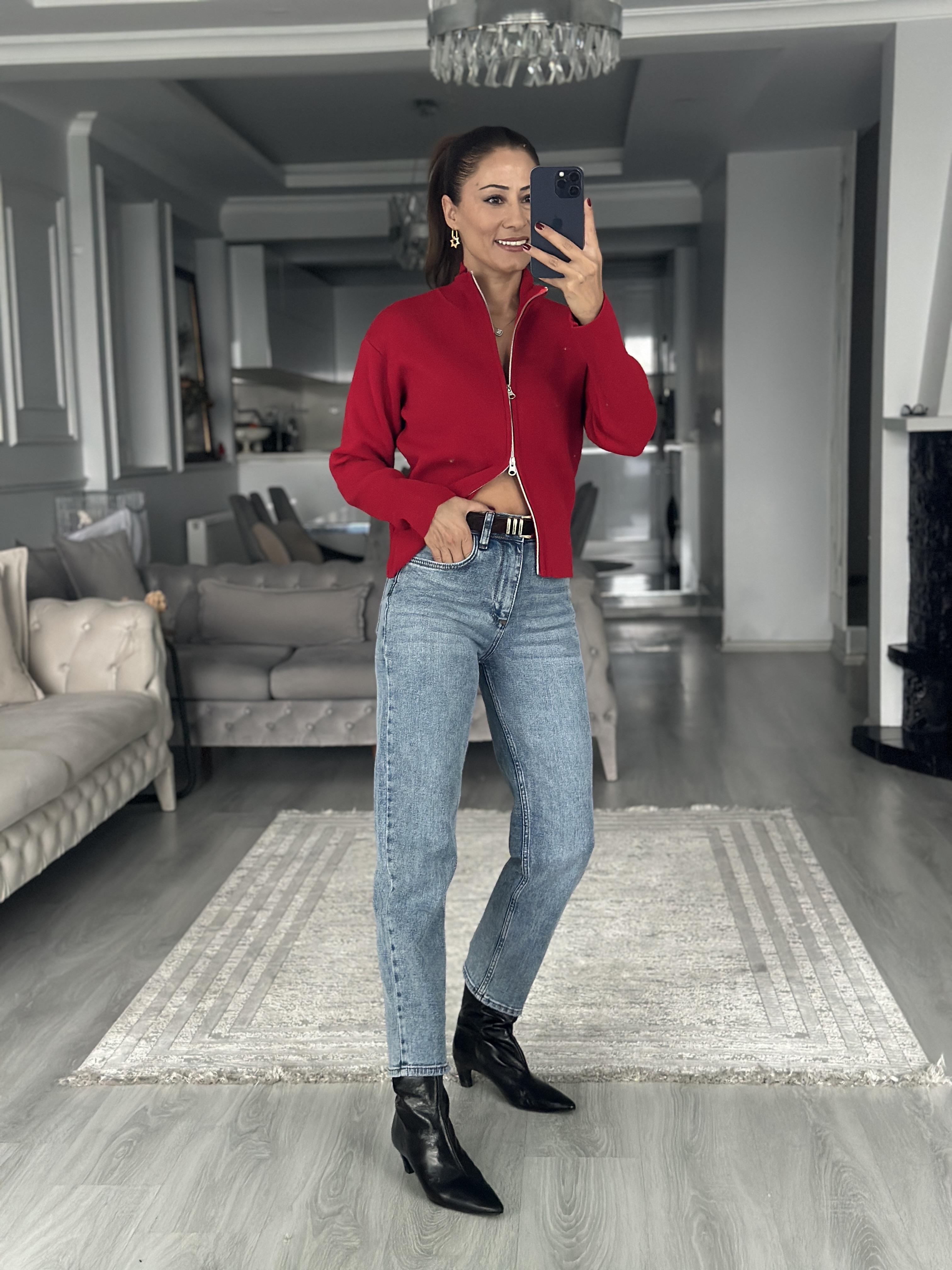 Kırmızı Dik Yaka Çift Taraf Fermuarlı Triko Kadın Hırka