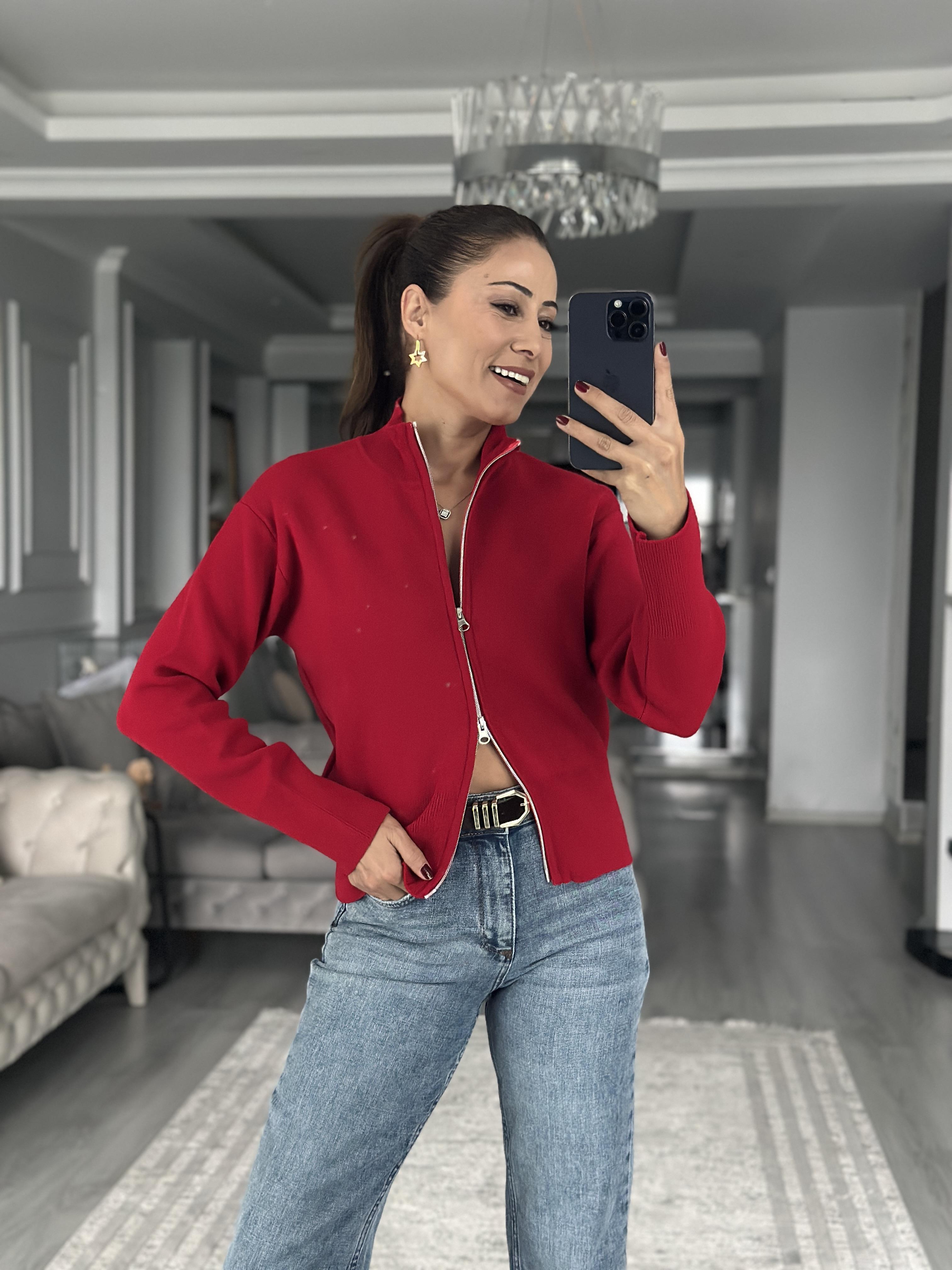 Kırmızı Dik Yaka Çift Taraf Fermuarlı Triko Kadın Hırka