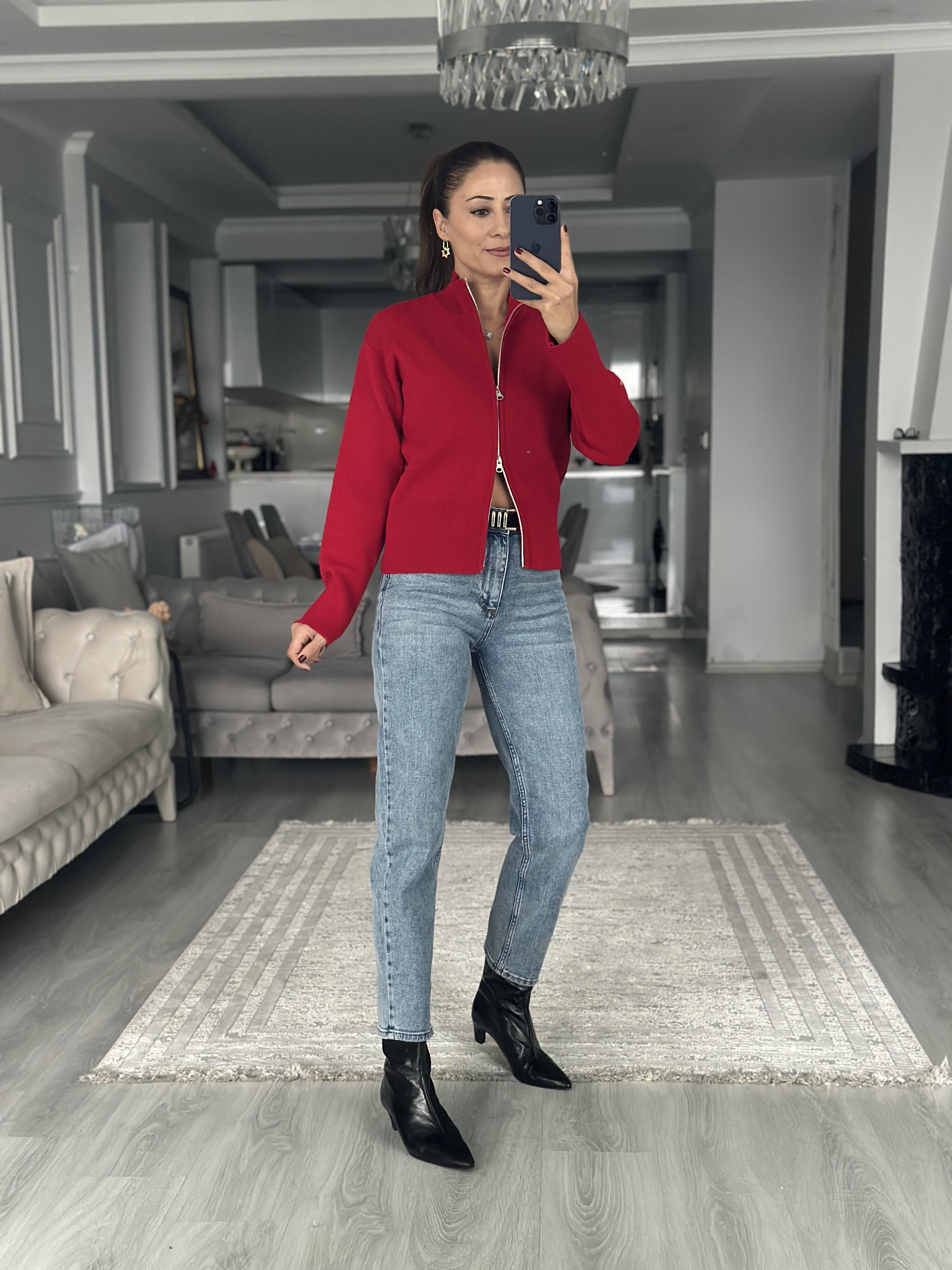 Kırmızı Dik Yaka Çift Taraf Fermuarlı Triko Kadın Hırka