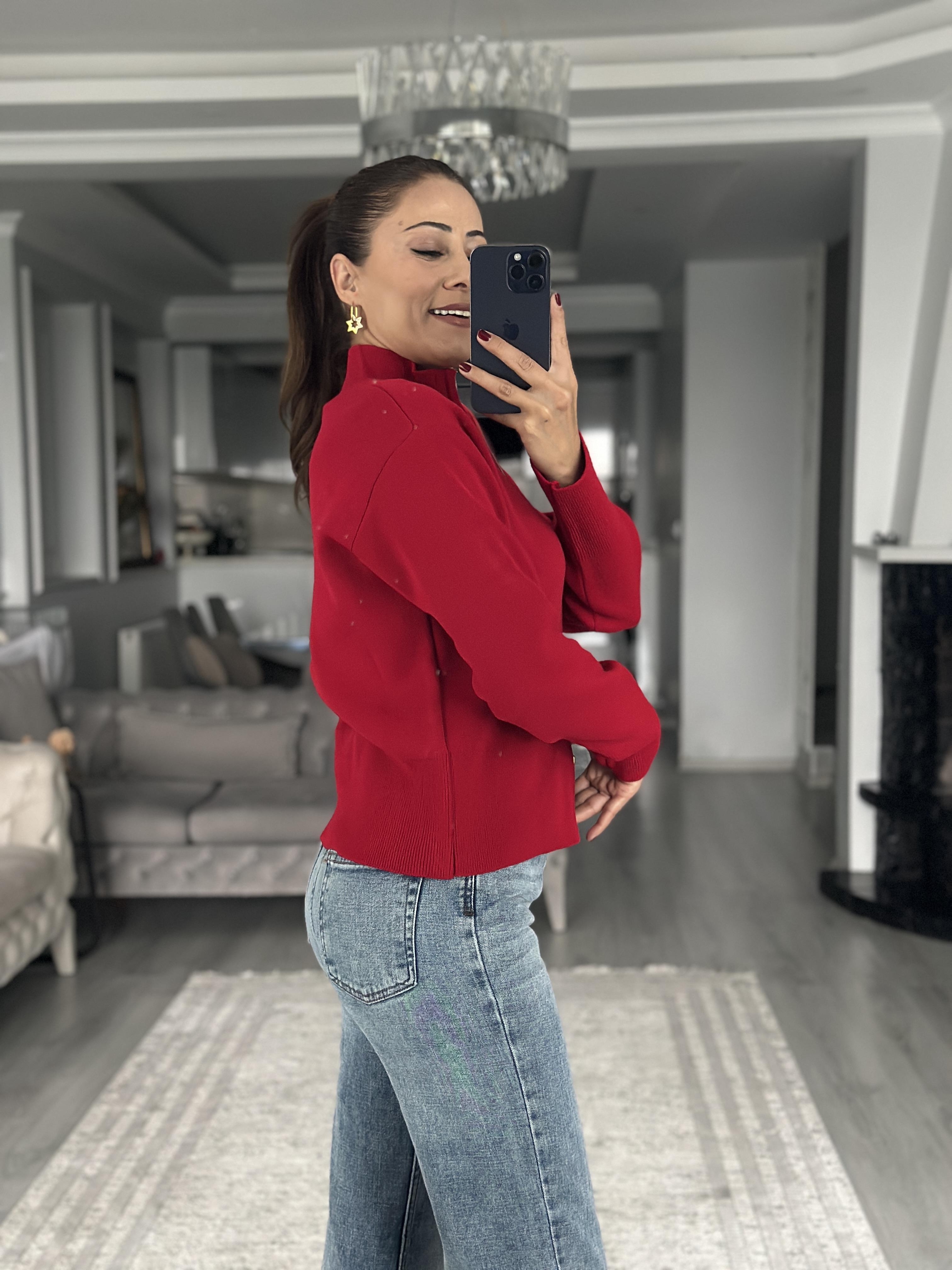 Kırmızı Dik Yaka Çift Taraf Fermuarlı Triko Kadın Hırka