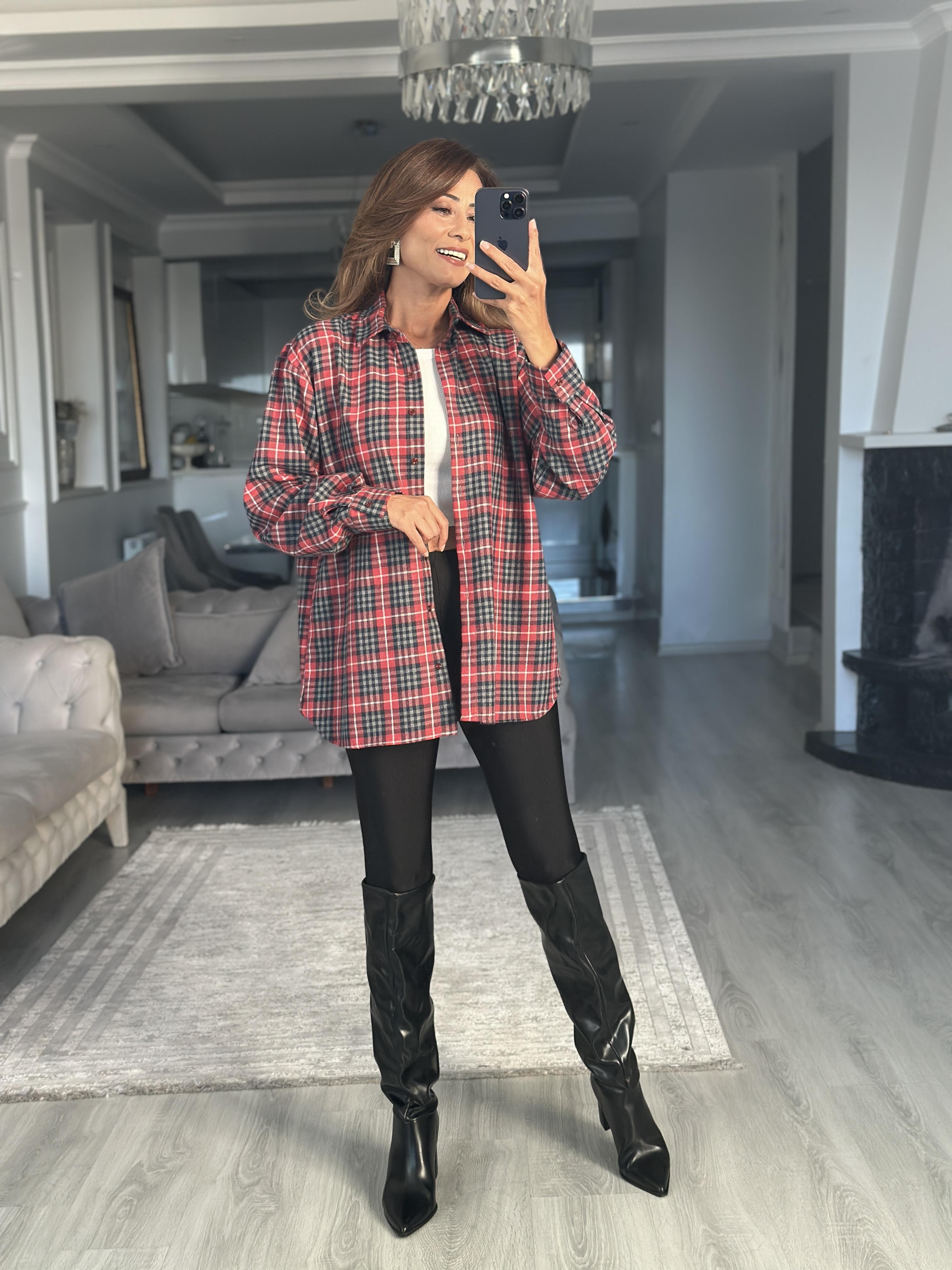 Kırmızı Gri Kareli Oversize Kadın Gömlek