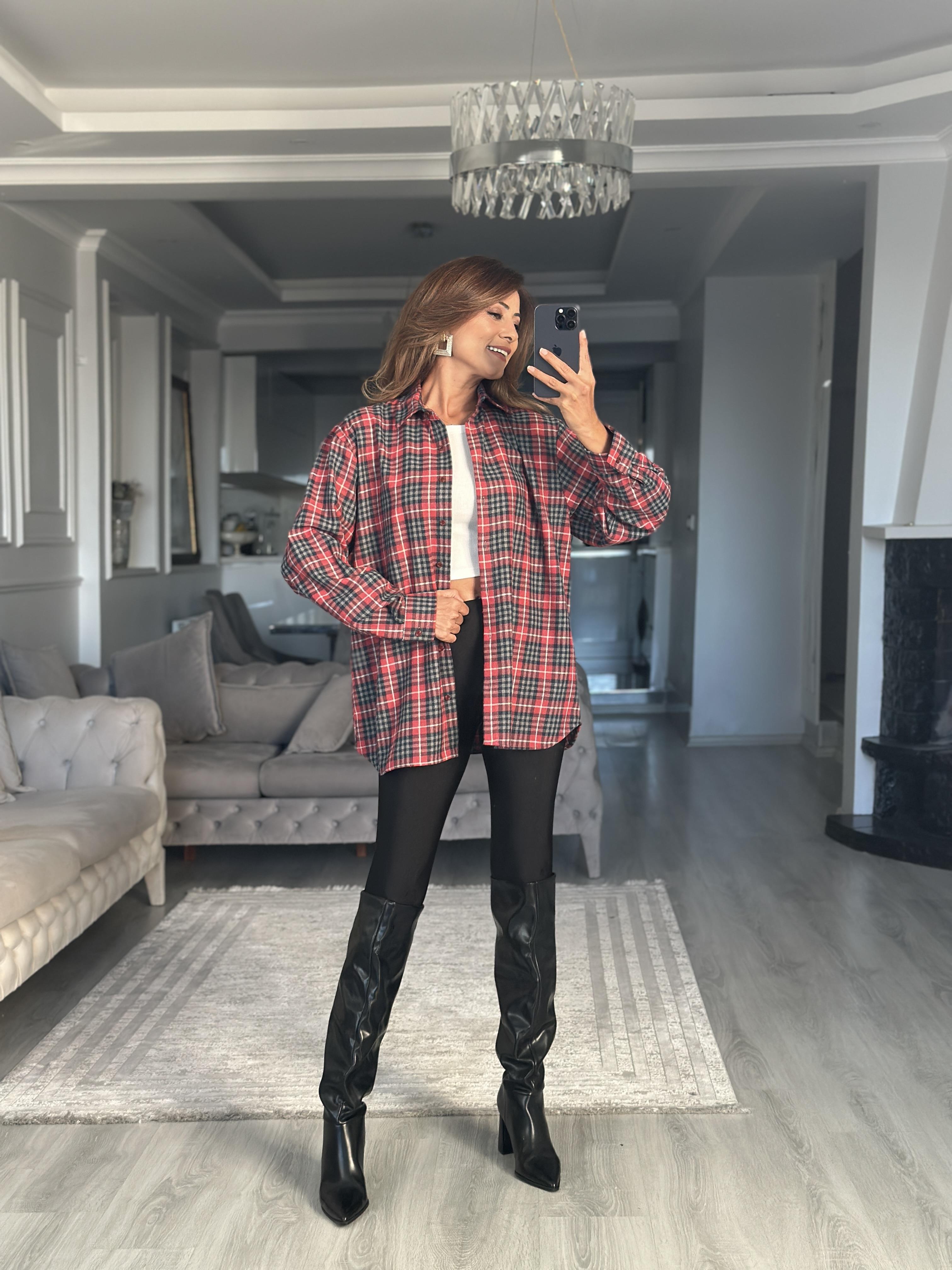 Kırmızı Gri Kareli Oversize Kadın Gömlek