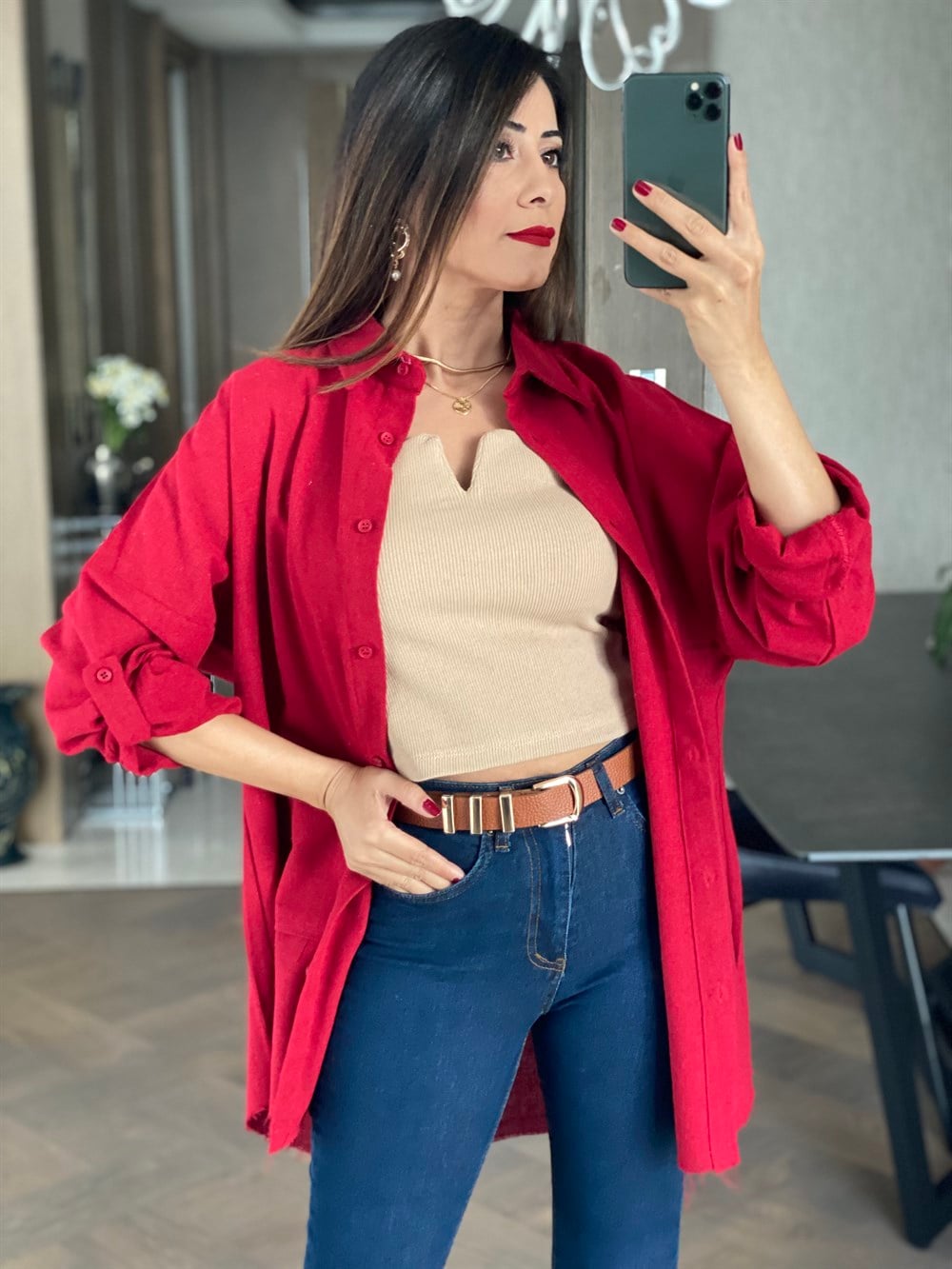 Kırmızı Ham Keten Oversize Gömlek