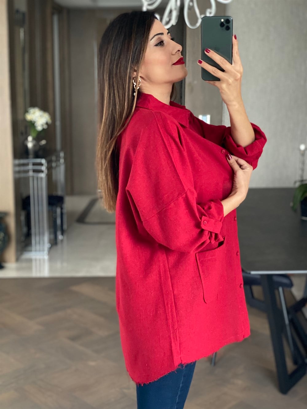 Kırmızı Ham Keten Oversize Gömlek