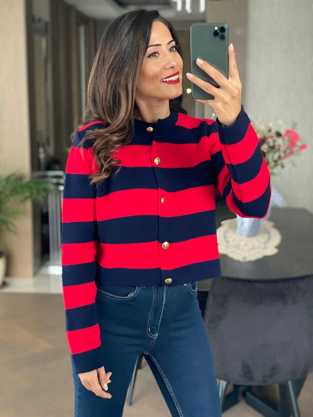 Kırmızı Lacivert Kalın Çizgili Pike Örgü Önü Düğmeli Kadın Hırka