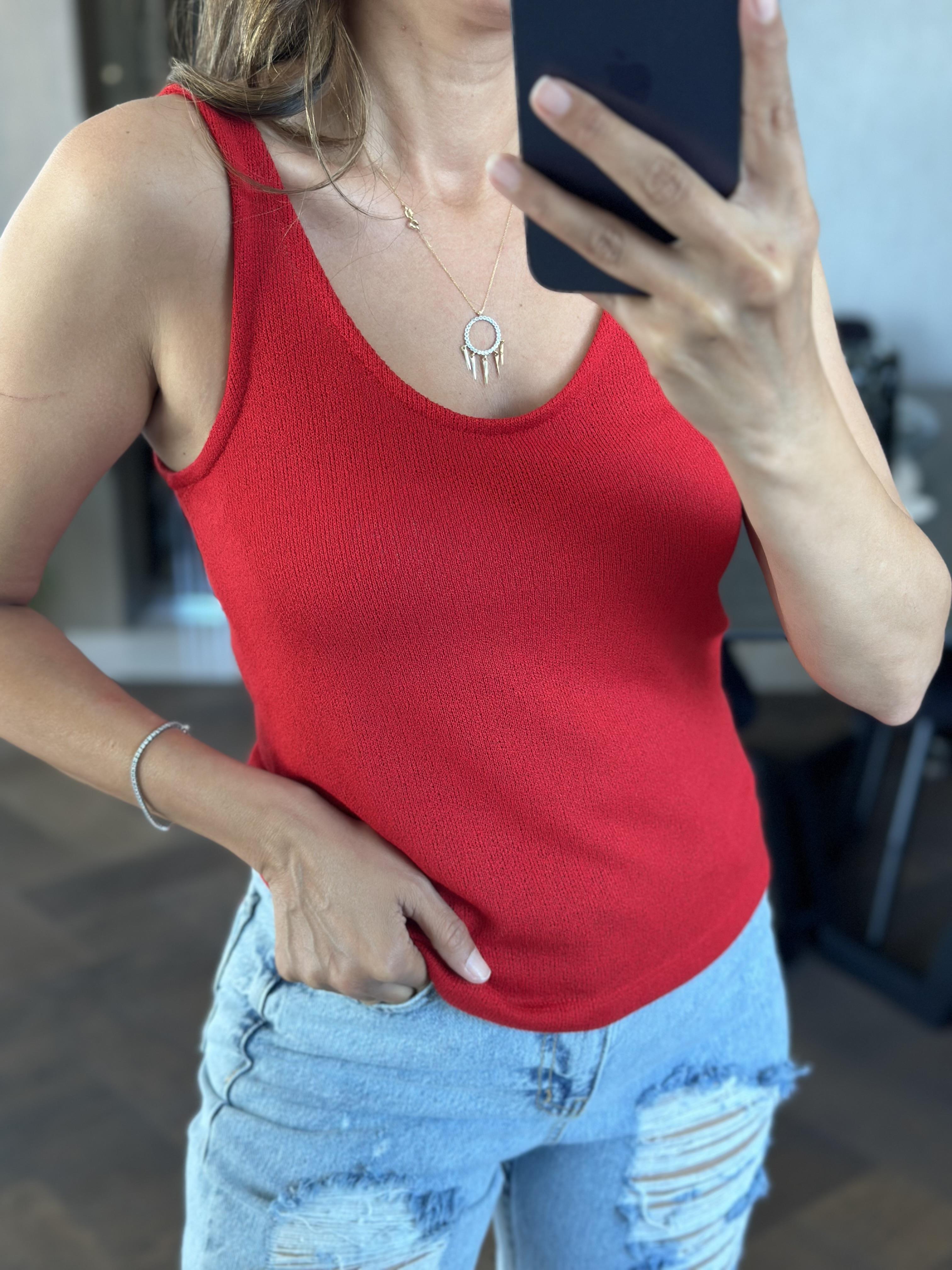 Kırmızı Ön Arka U Yaka Askılı Merserize Kadın Bluz