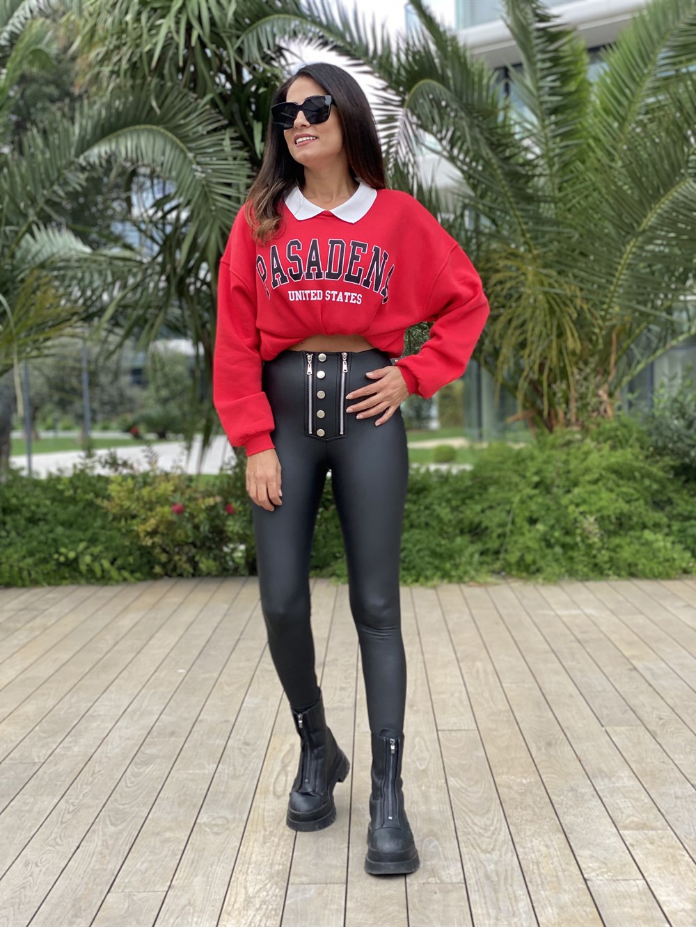 Kırmızı Pasadena Polo Yaka İki İplik Kadın Sweatshirt