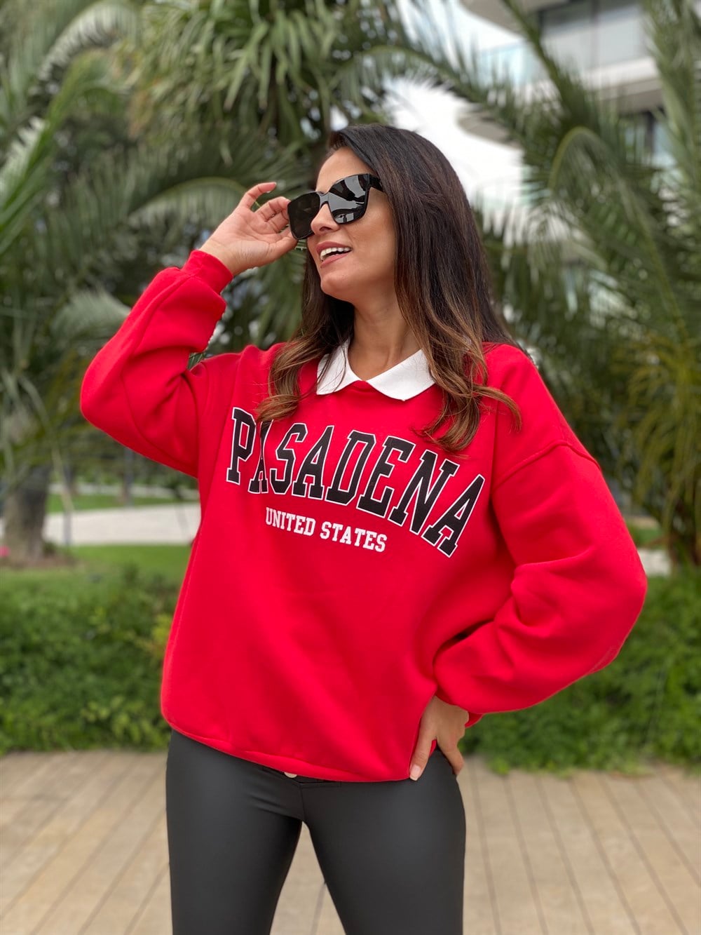 Kırmızı Pasadena Polo Yaka İki İplik Kadın Sweatshirt