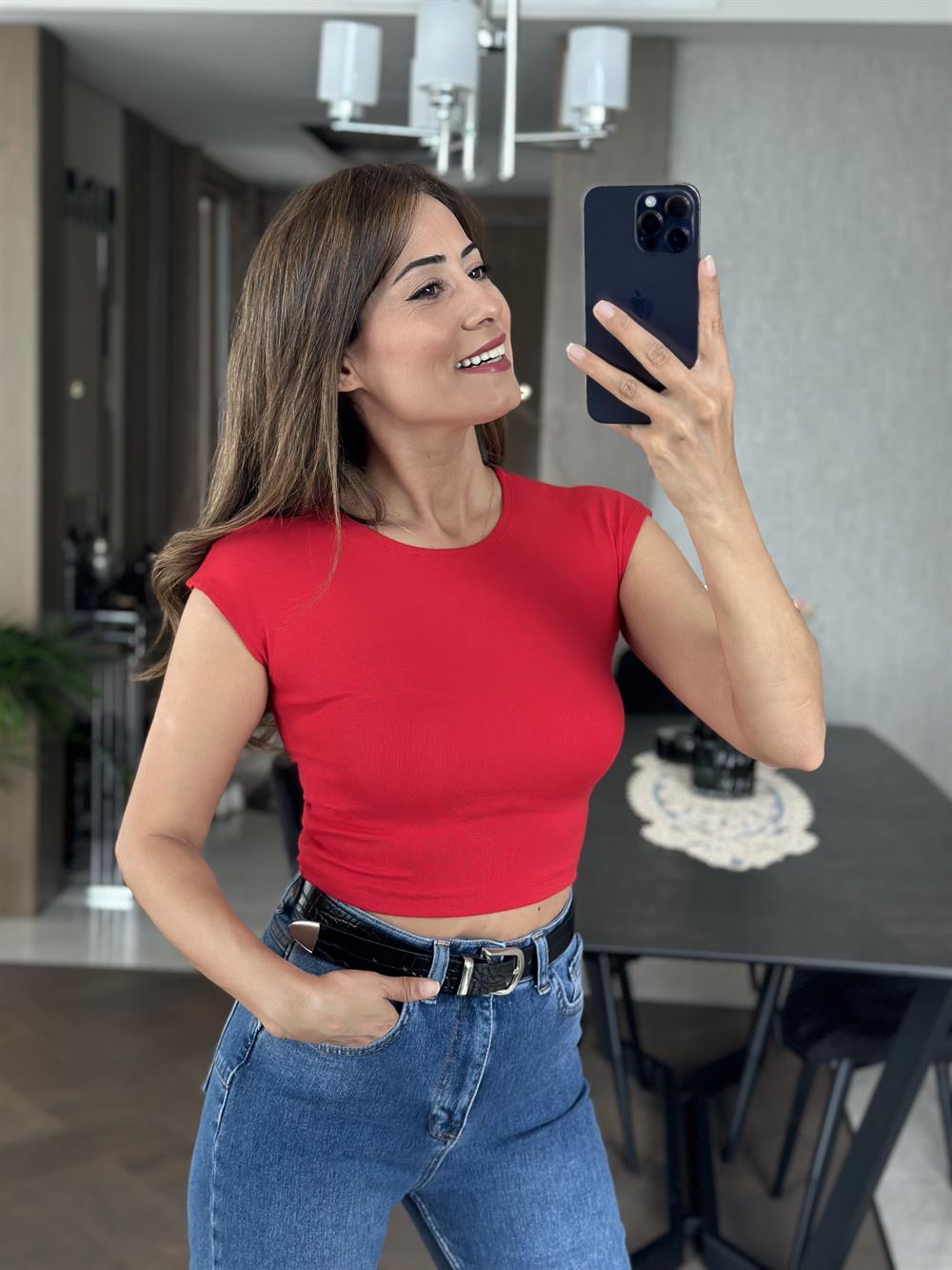 Kırmızı Sıfır Kol Modal Kadın Crop Body