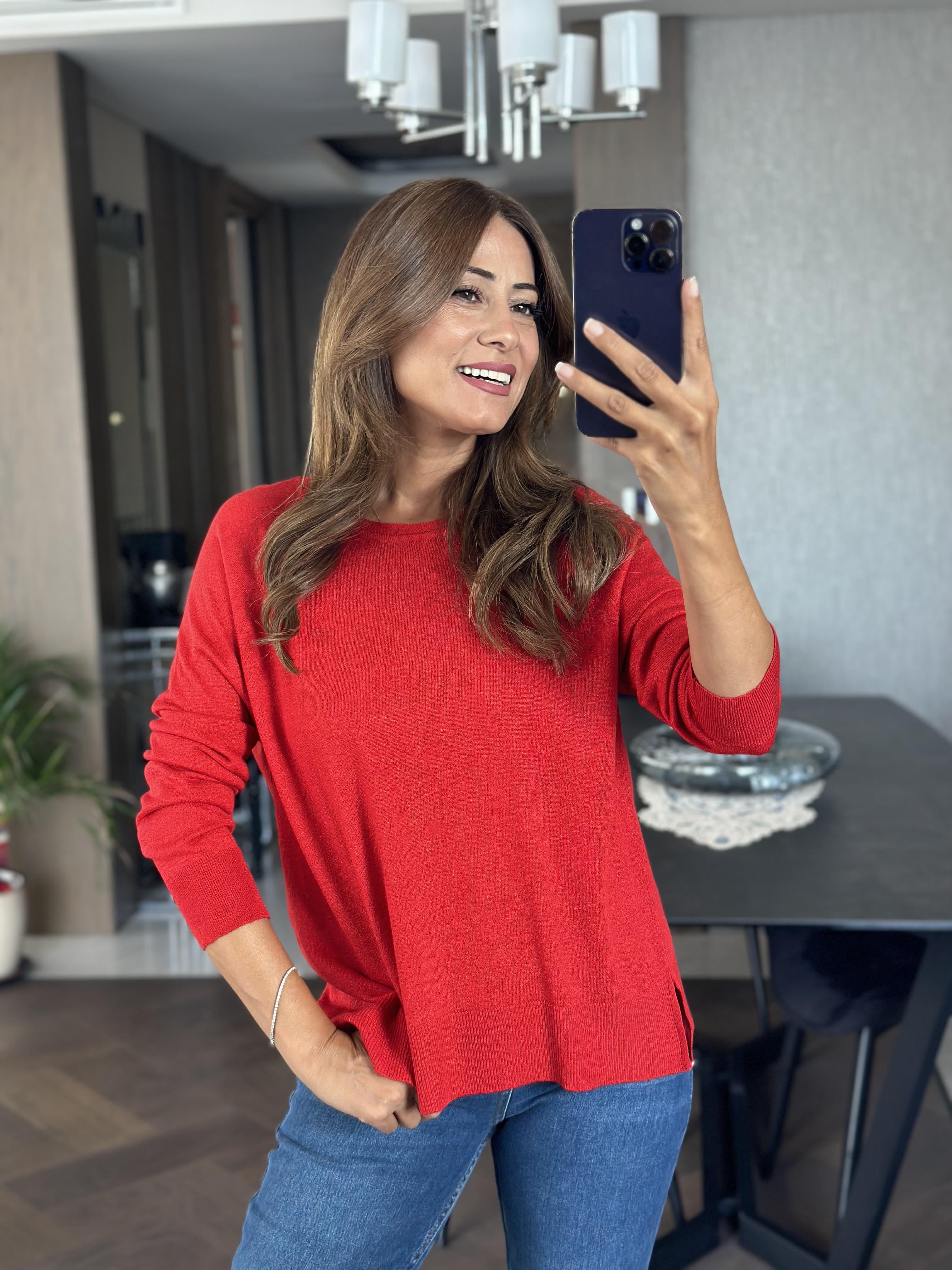 Kırmızı Simli Bisiklet Yaka Uzun Kol Dilvn Merserize Kadın Bluz
