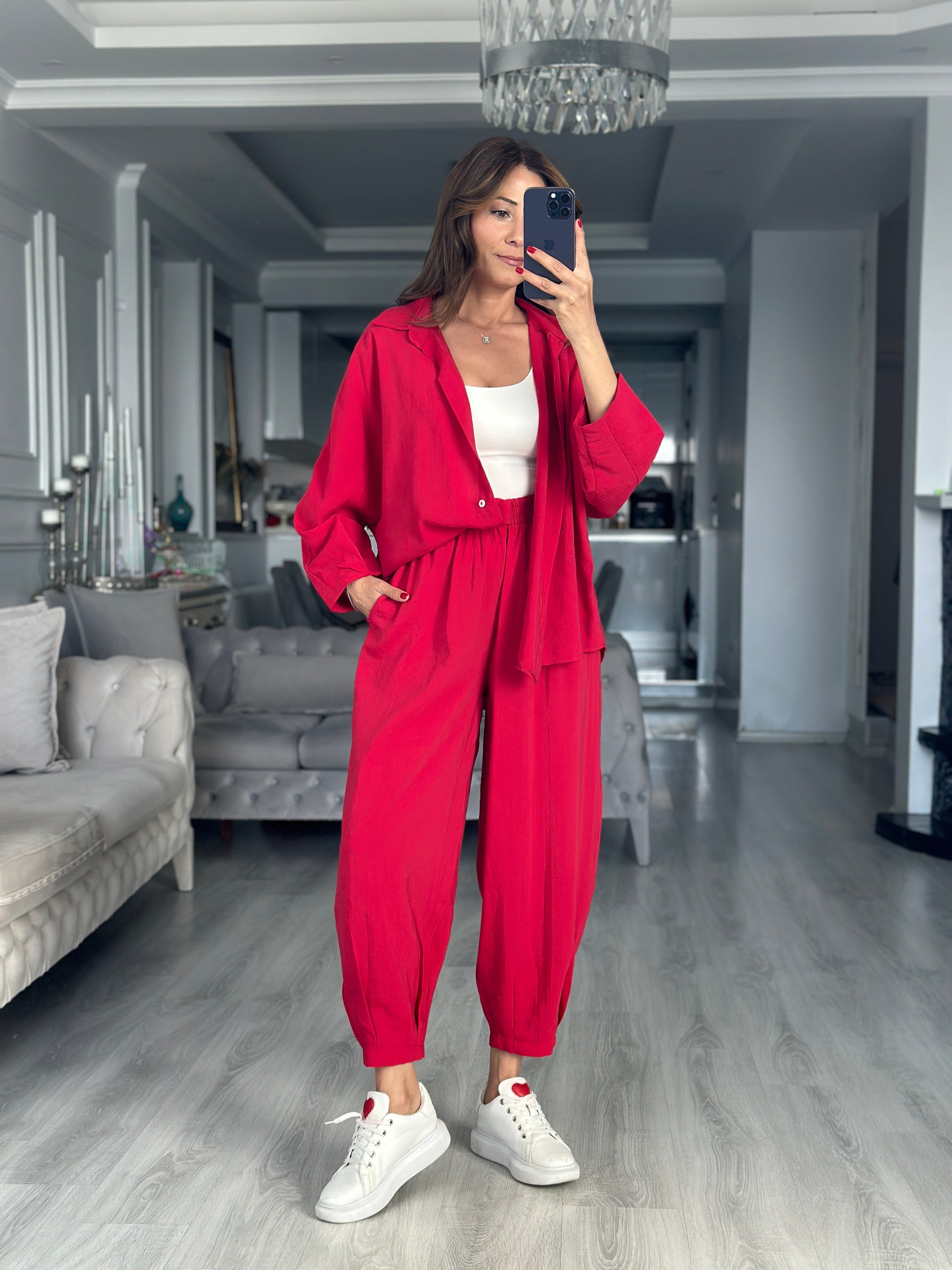 Kırmızı Truvakar Kol Gömlek Balon Pantolon Kadın İkili Takım