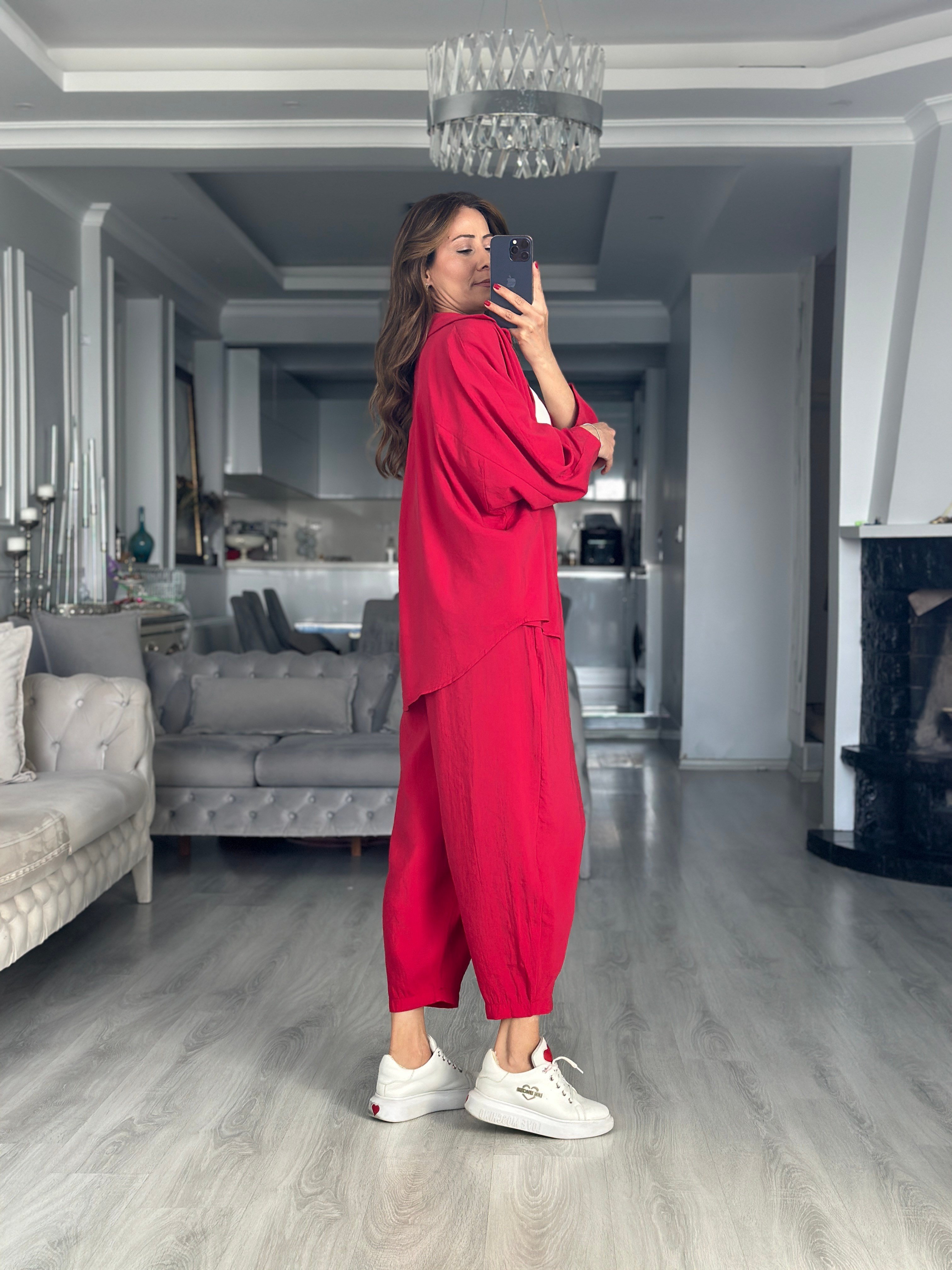 Kırmızı Truvakar Kol Gömlek Balon Pantolon Kadın İkili Takım