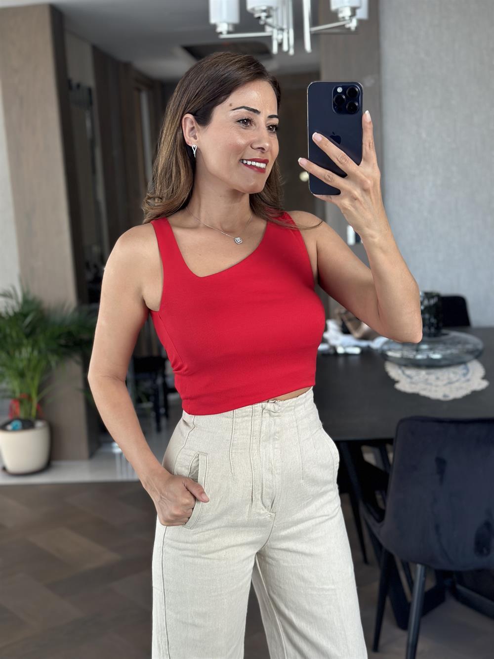 Kırmızı Yan V Yaka Modal Kadın Atlet