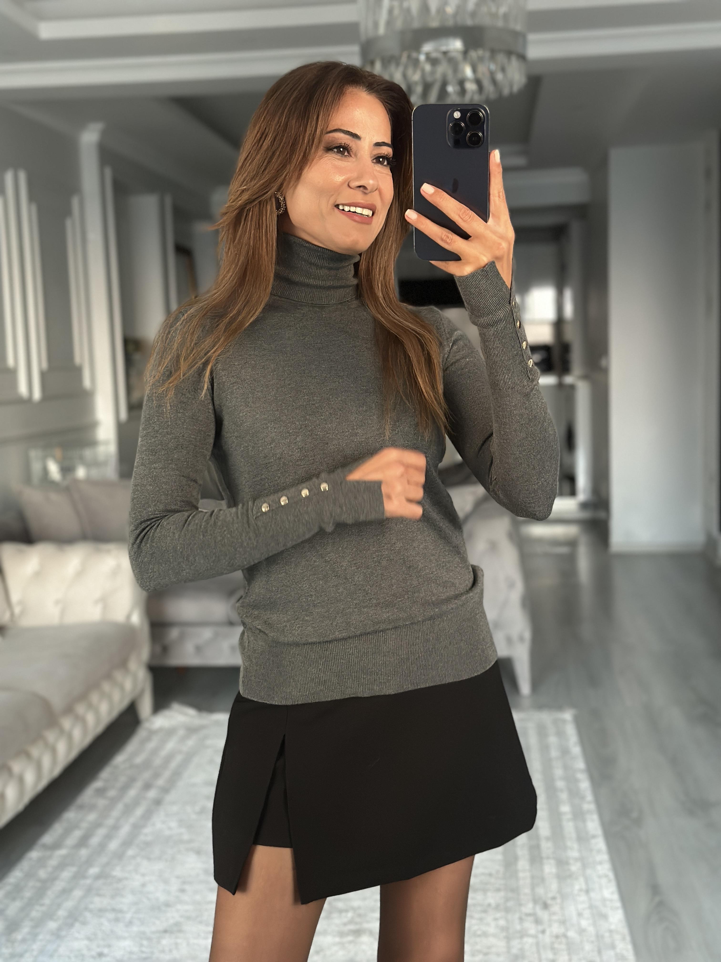 Koyu Füme Balıkçı Yaka Kolu Droplu Kadın Triko Kazak