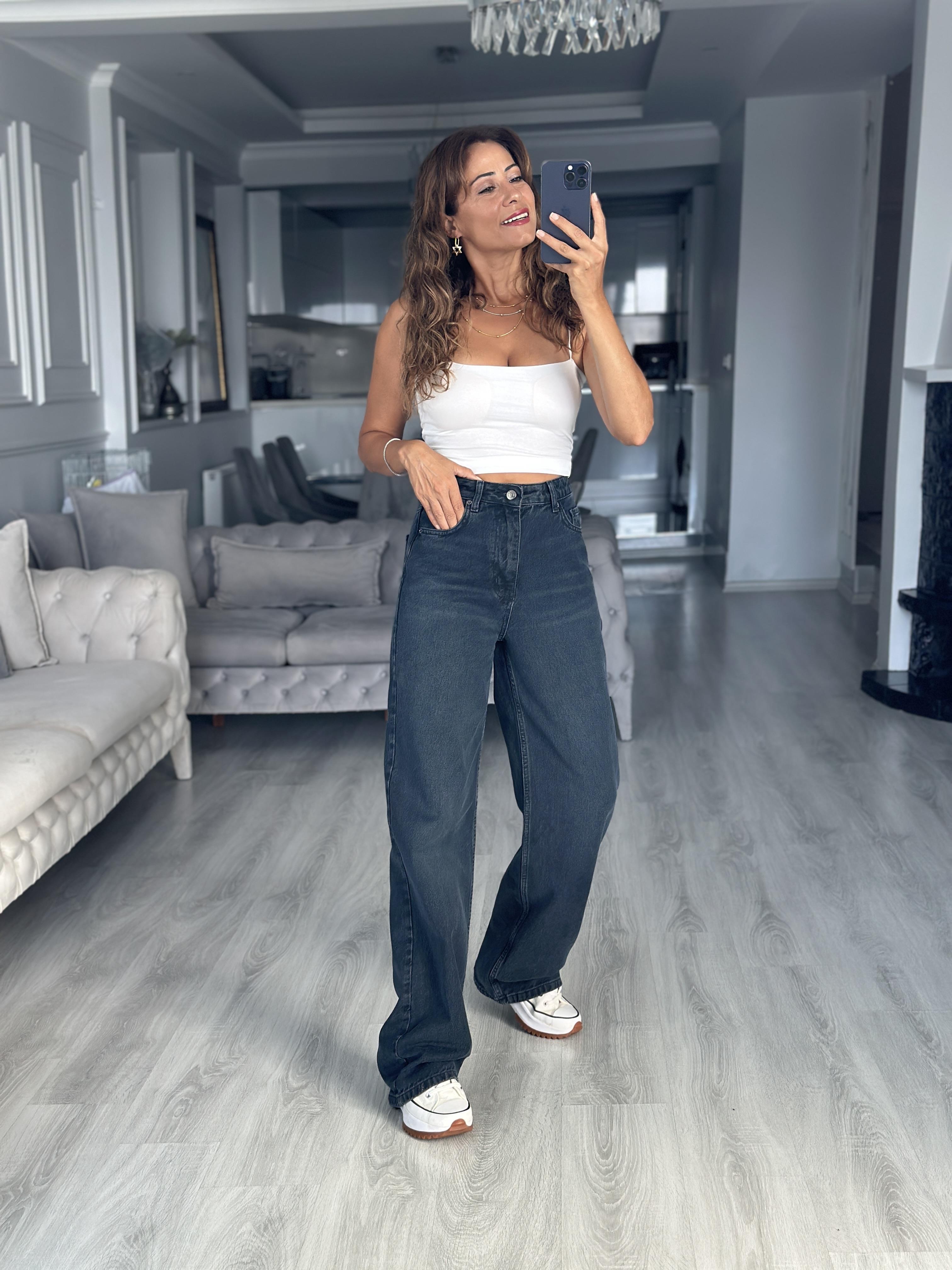 Koyu Lacivert Lacarino Wide Leg Paçası Dikişli Kadın Jean Pantolon