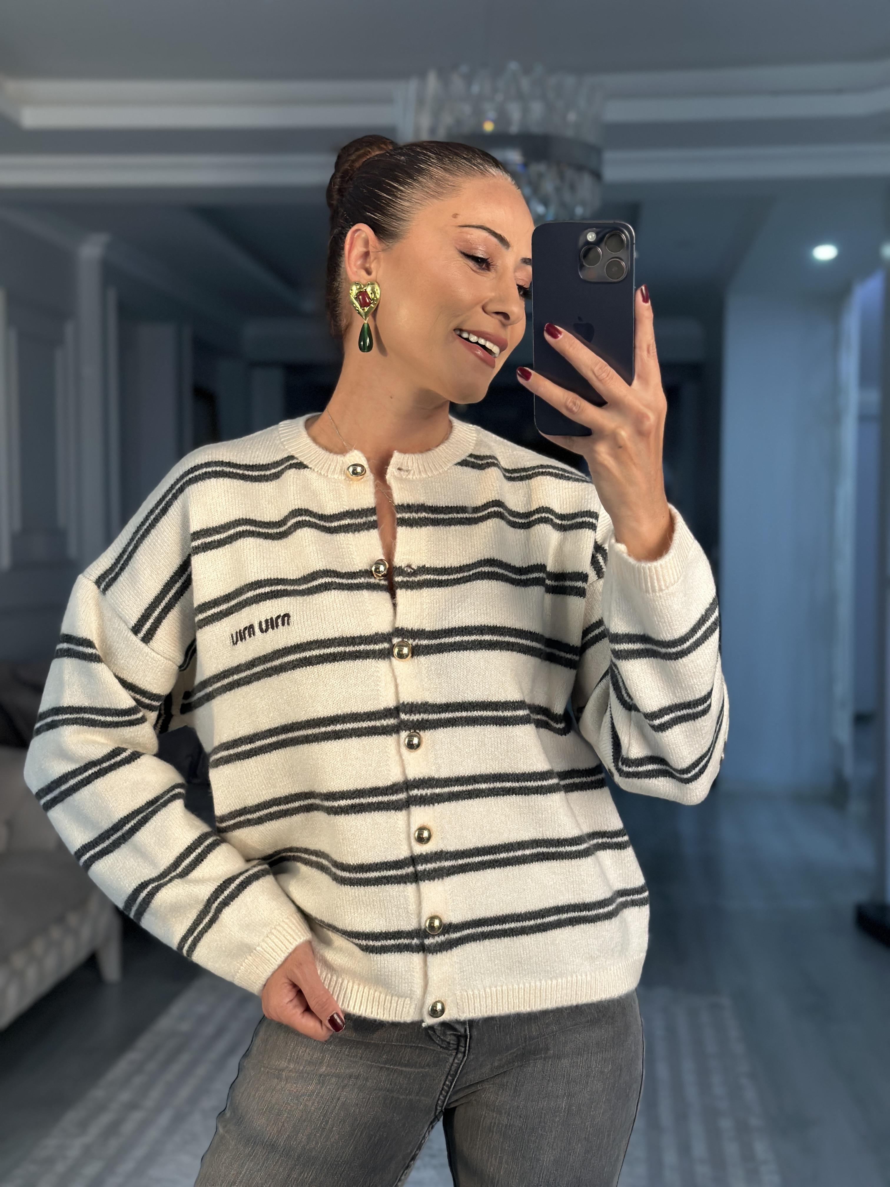 Krem Antrasit Şeritli Düğmeli Kadın Triko Hırka