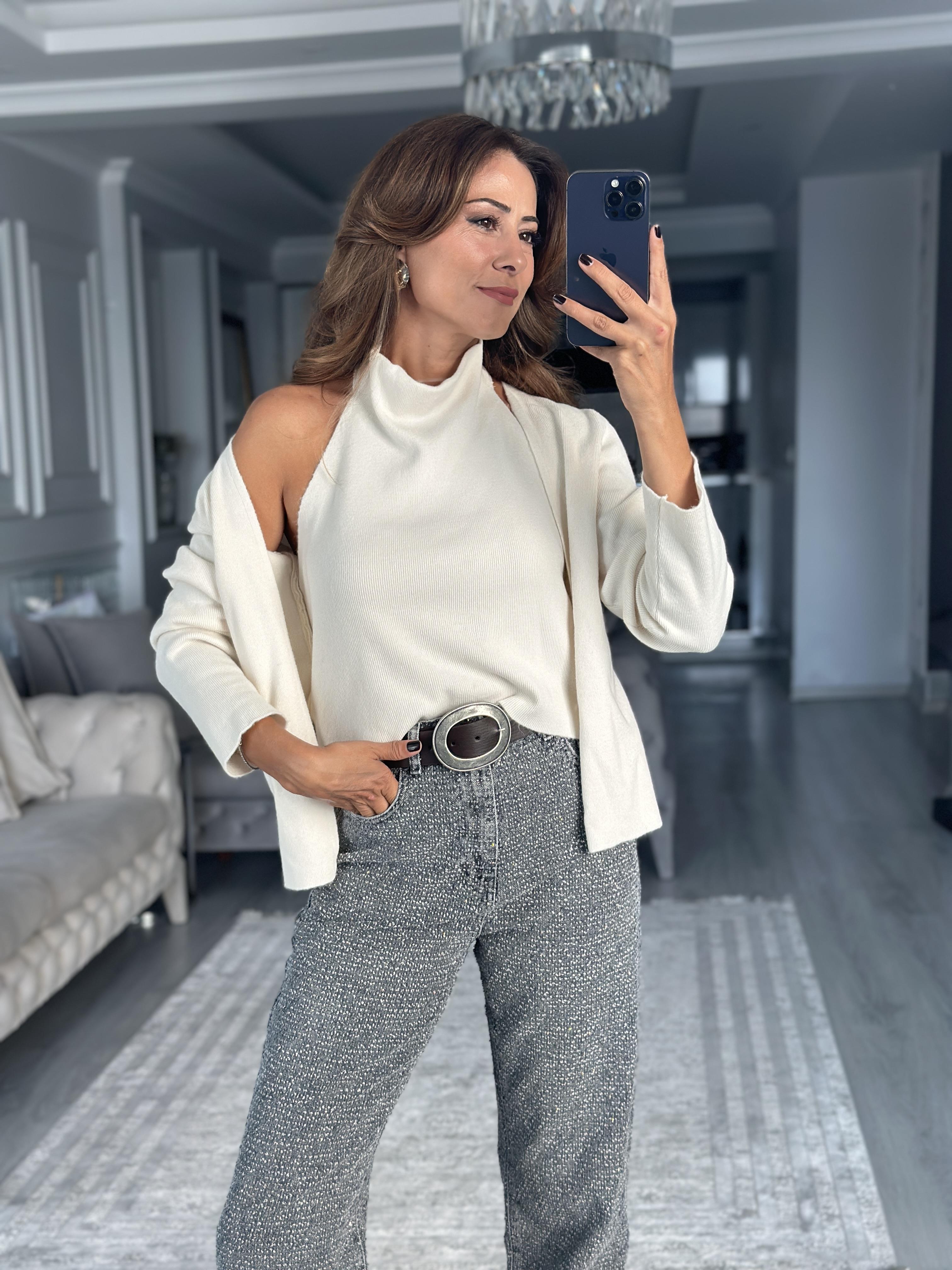 Krem Body Detaylı Birleşik Kadın Triko Hırka 
