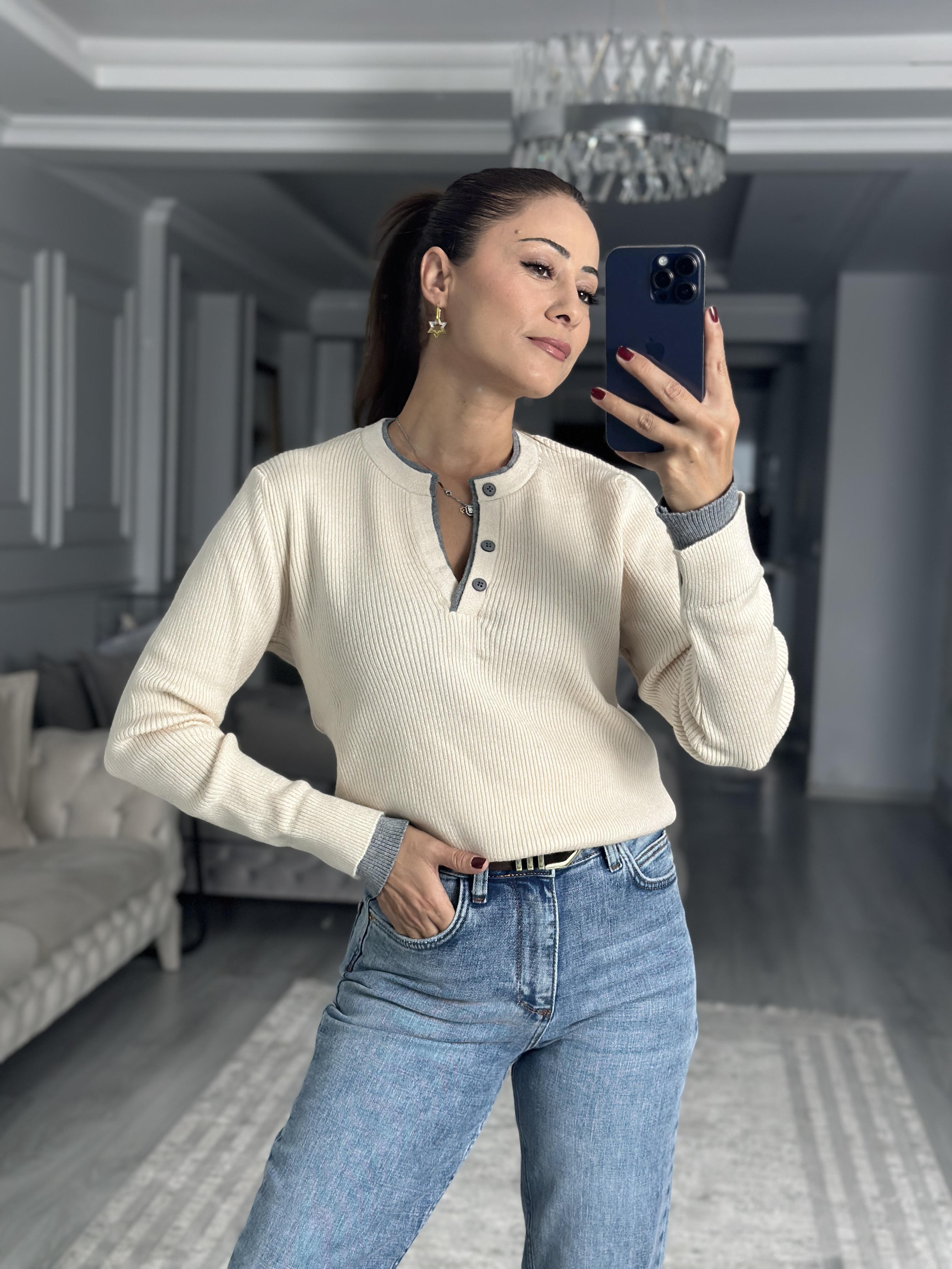 Krem Çift Renk Ribanalı Fitilli Kadın Triko Kazak