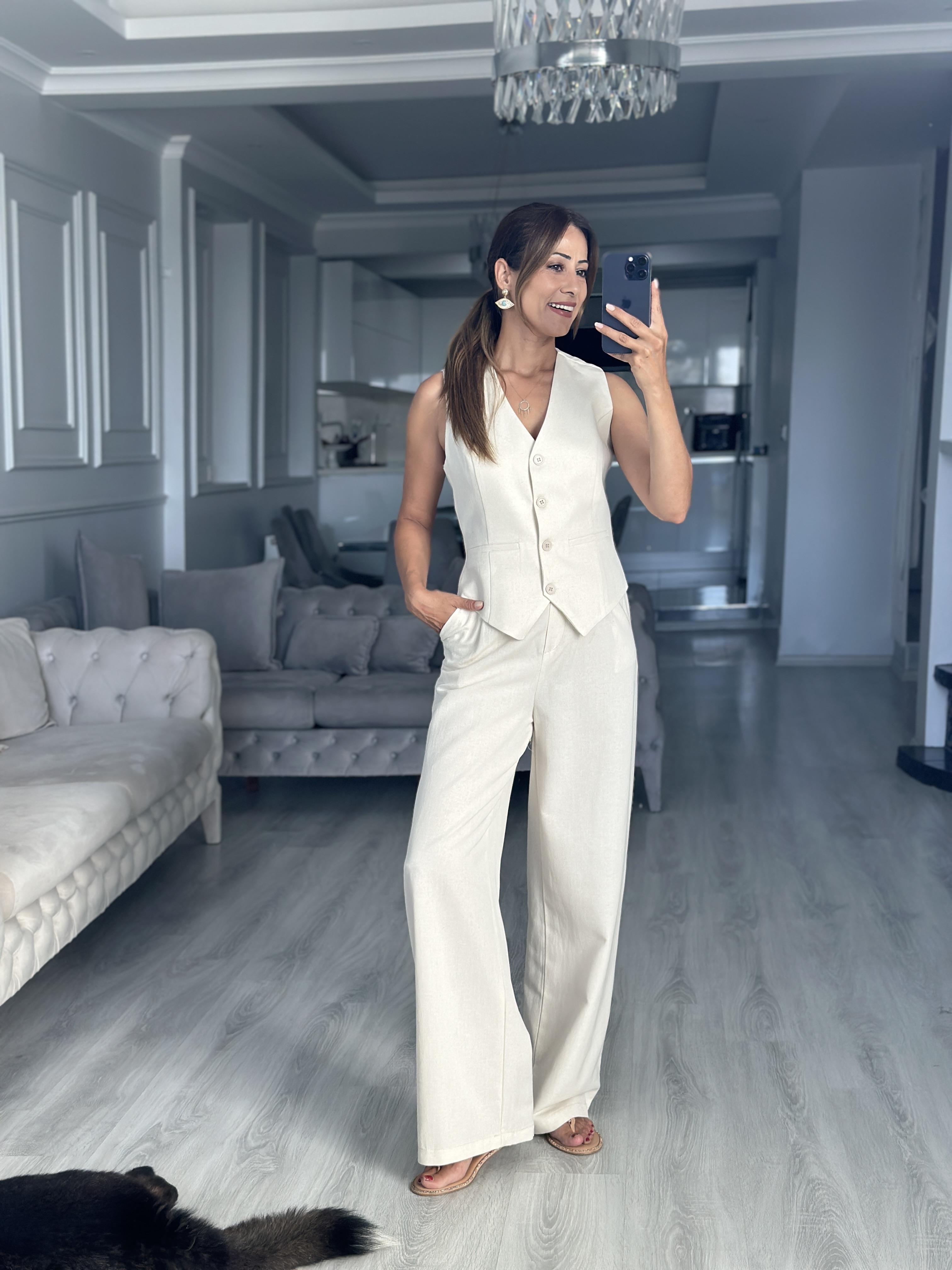 Krem Terni Yelek Pantolon Kadın Keten Alt Üst Takım