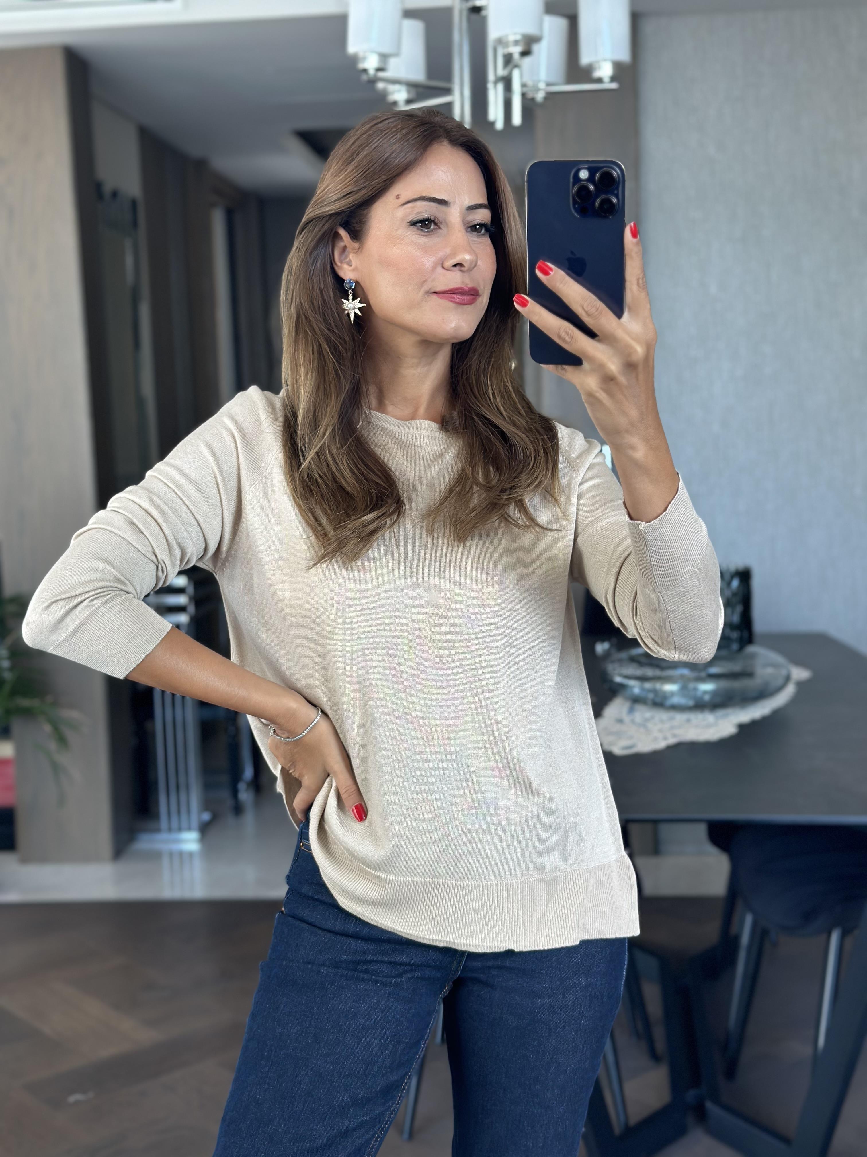Kum Beji Bisiklet Yaka Uzun Kol Dlvn Düz Merserize Kadın Bluz