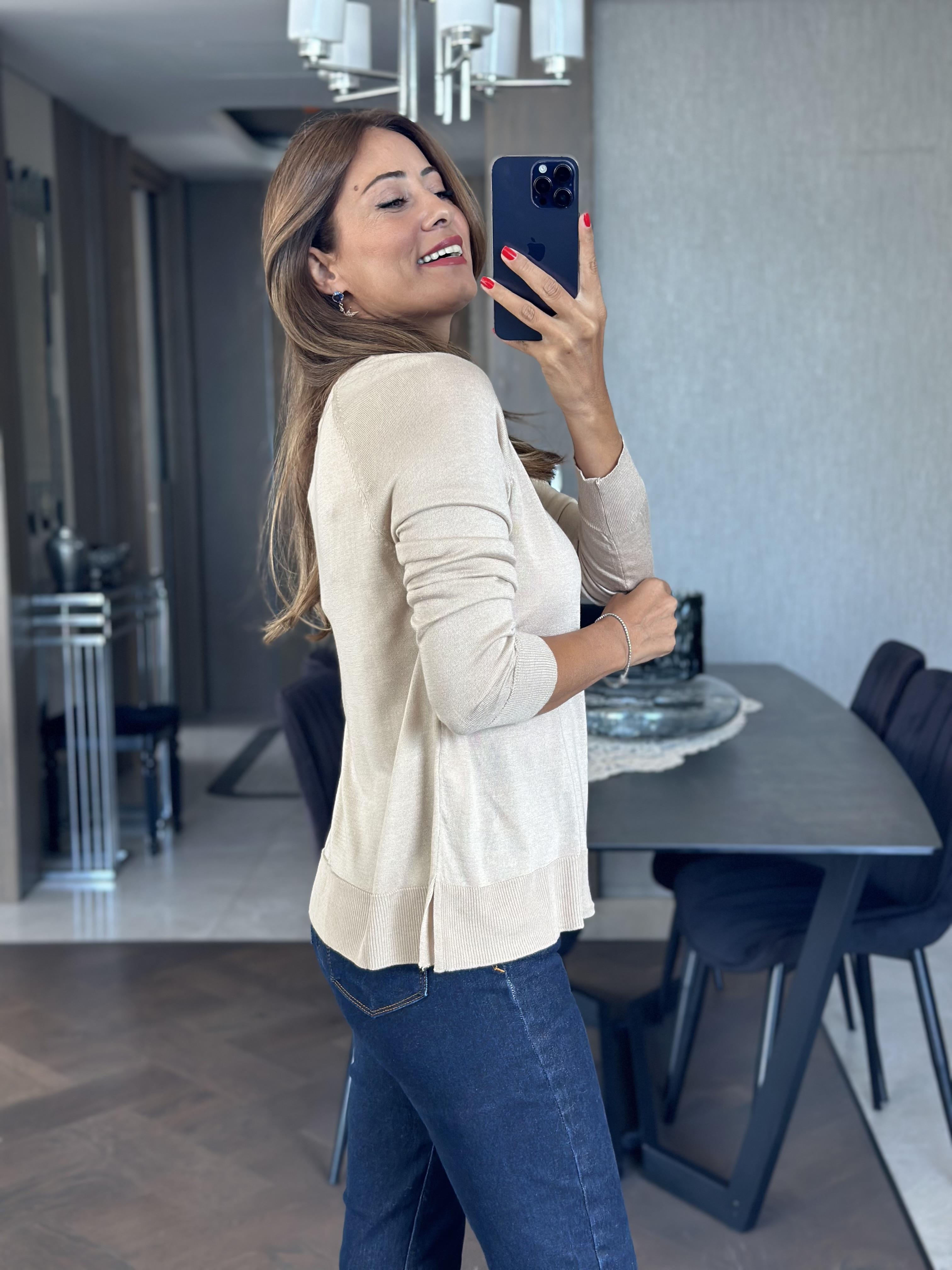 Kum Beji Bisiklet Yaka Uzun Kol Dlvn Düz Merserize Kadın Bluz