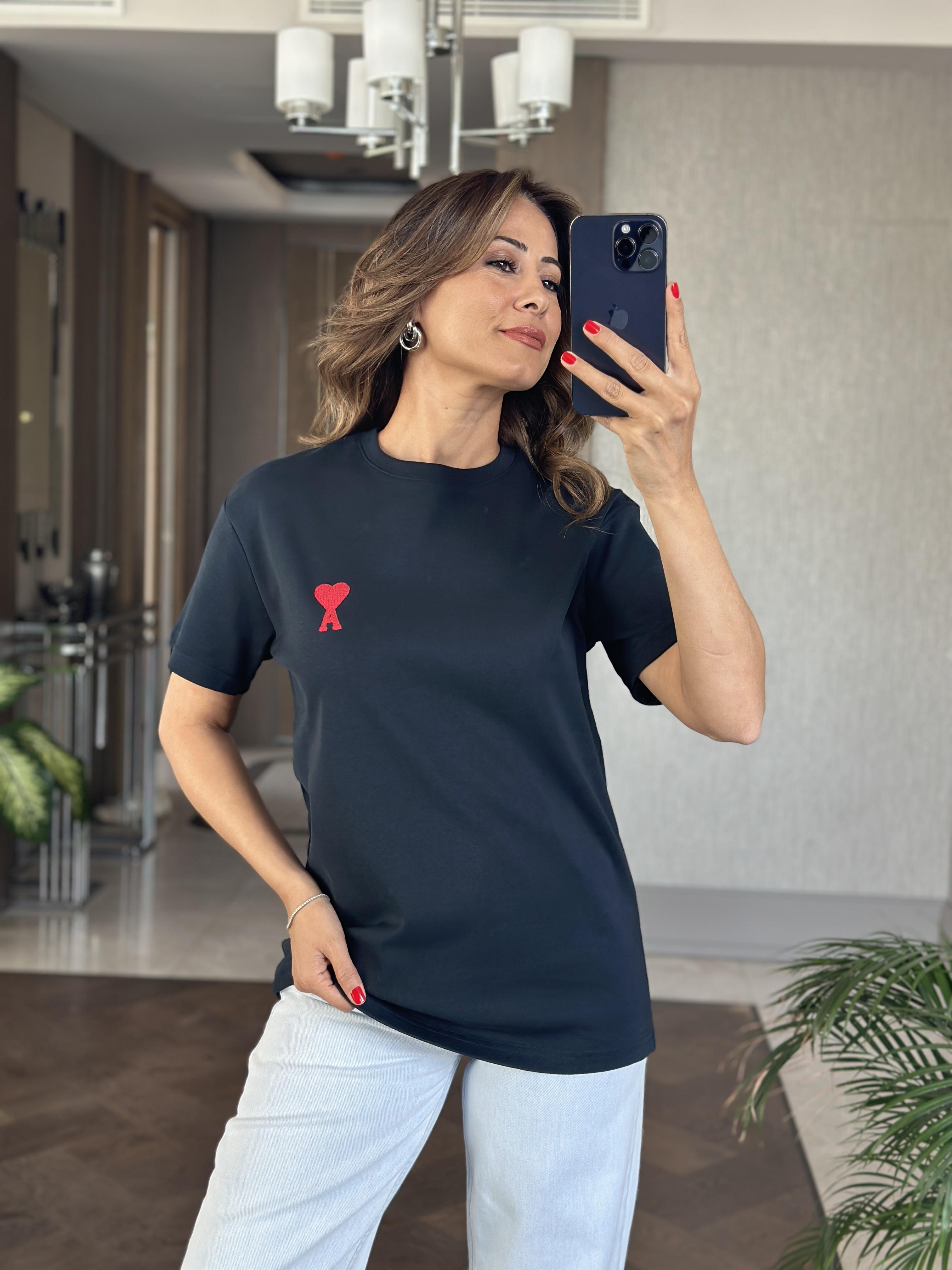 Lacivert A Nakışlı Bisiklet Yaka Kısa Kol Kadın T-Shirt