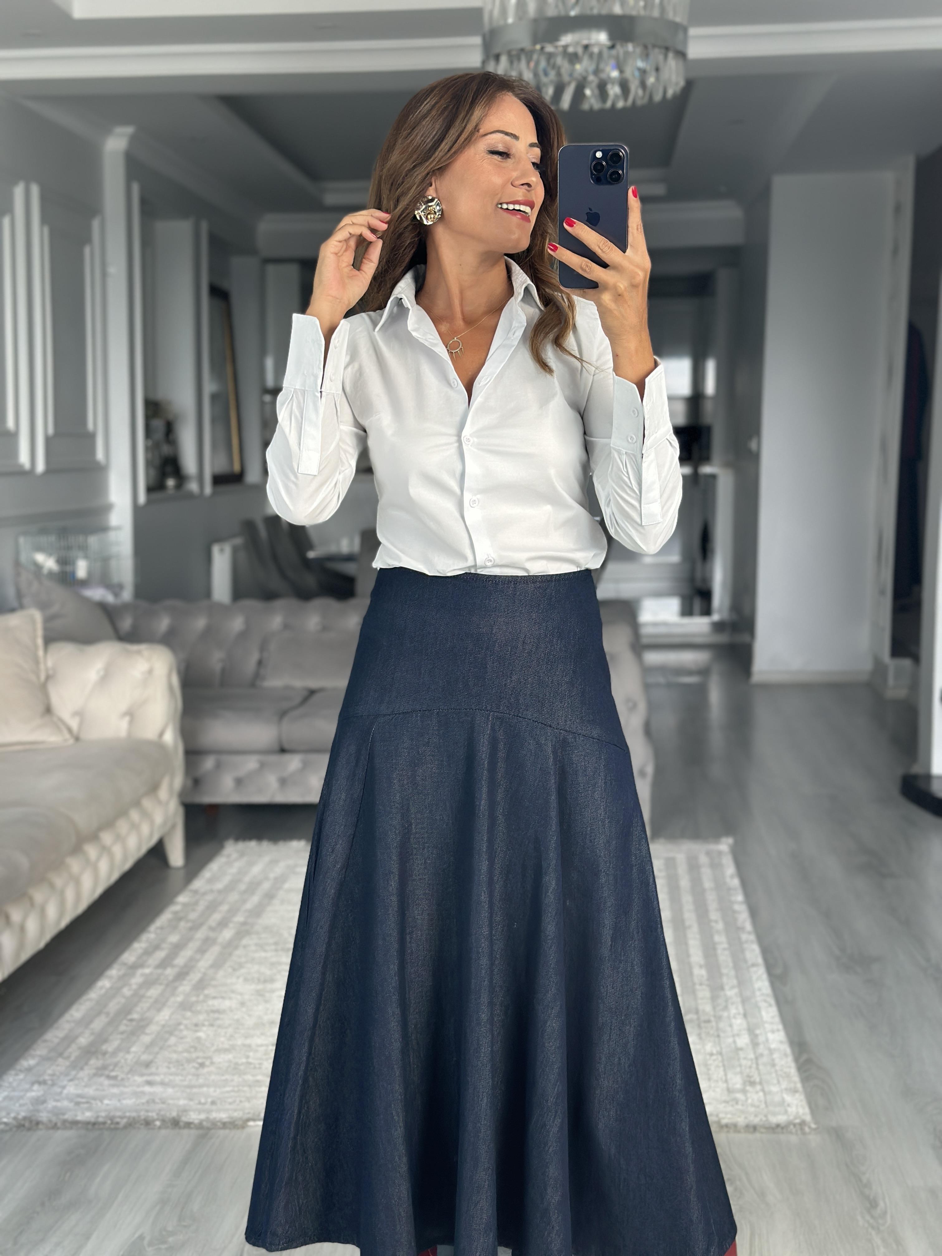 Lacivert  Arkası Fermuarlı Midi Boy Kadın Denim Etek