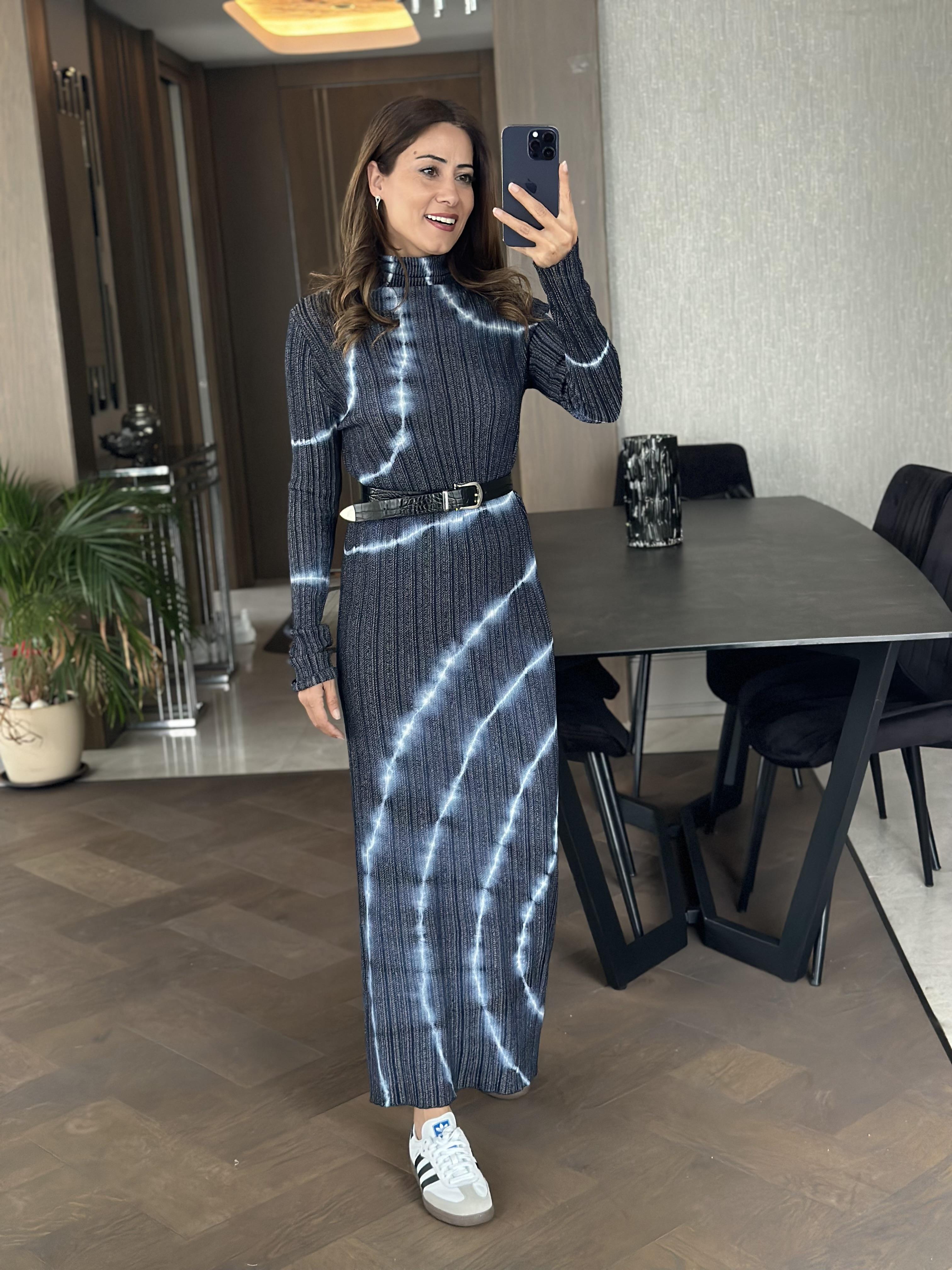 Lacivert Balıkçı Batik Desen Maksi Boy Kadın Elbise