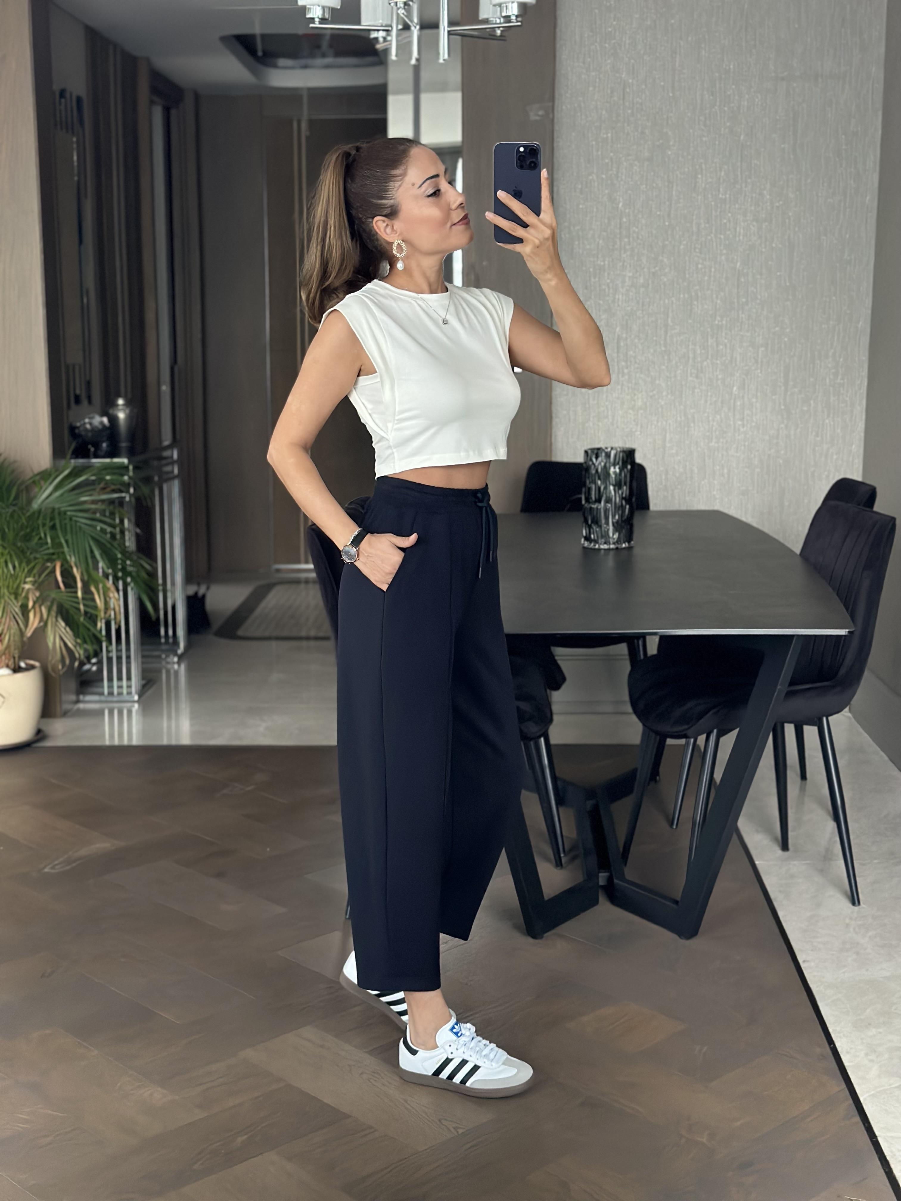 Lacivert Modal Beli Bağcıklı Cepli Önü Dikiş Detay Kadın Pantolon