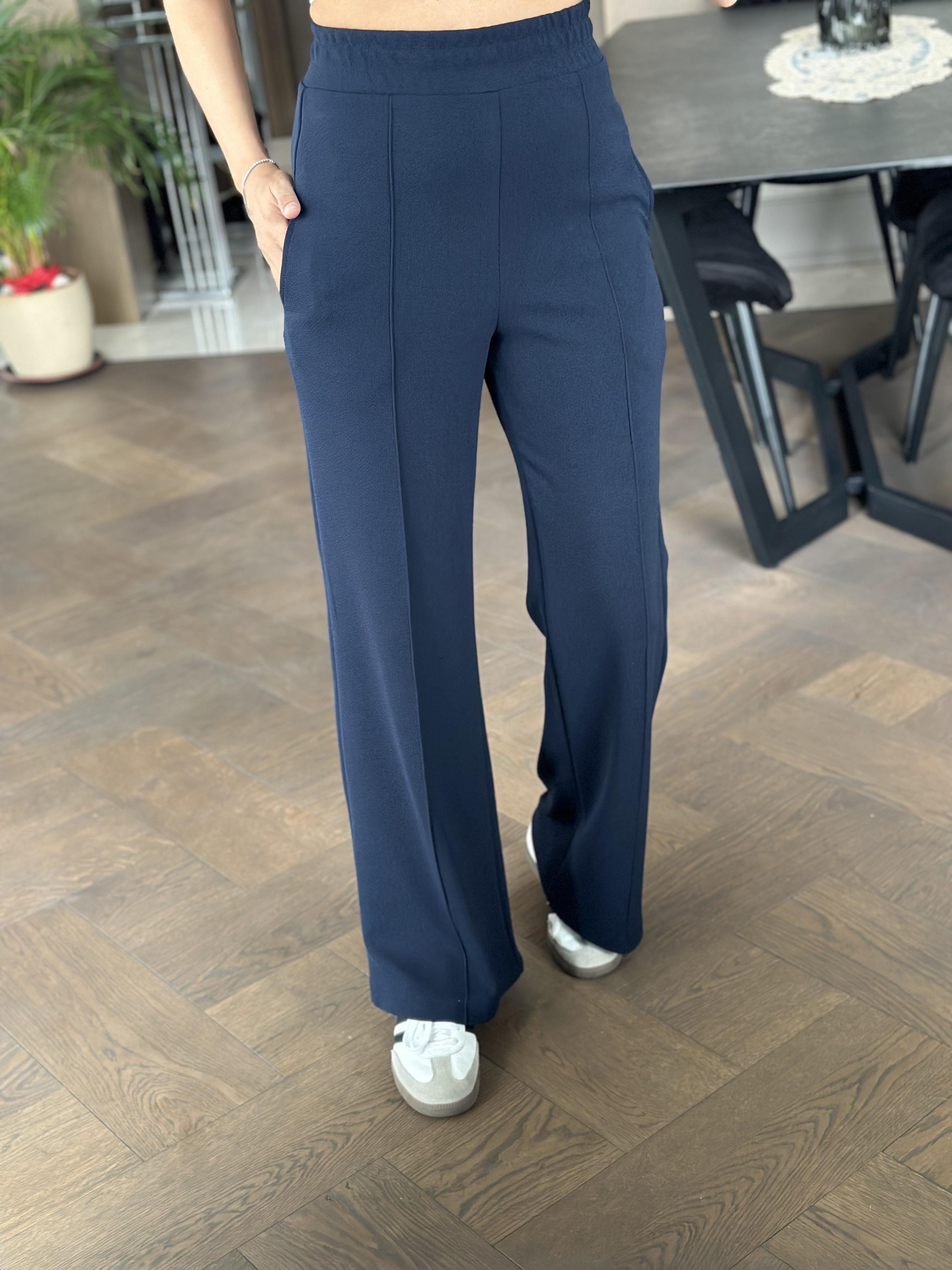 Lacivert Beli Kalın Lastikli  Çımalı Likralı Krep Kadın Yürüyüş Pantolon