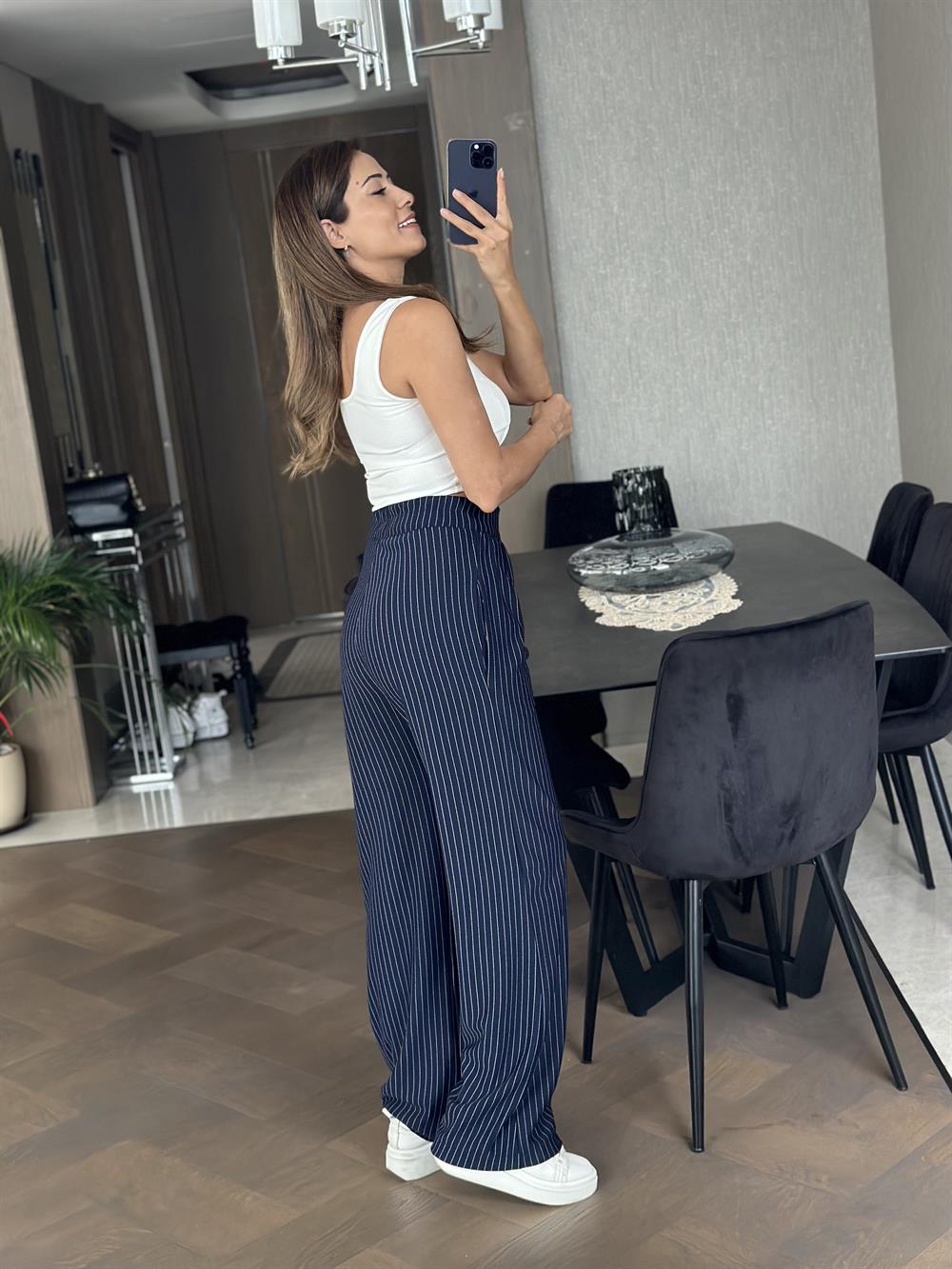 Lacivert Çizgili Beli Lastikli Palazzo Krep Kadın Pantolon
