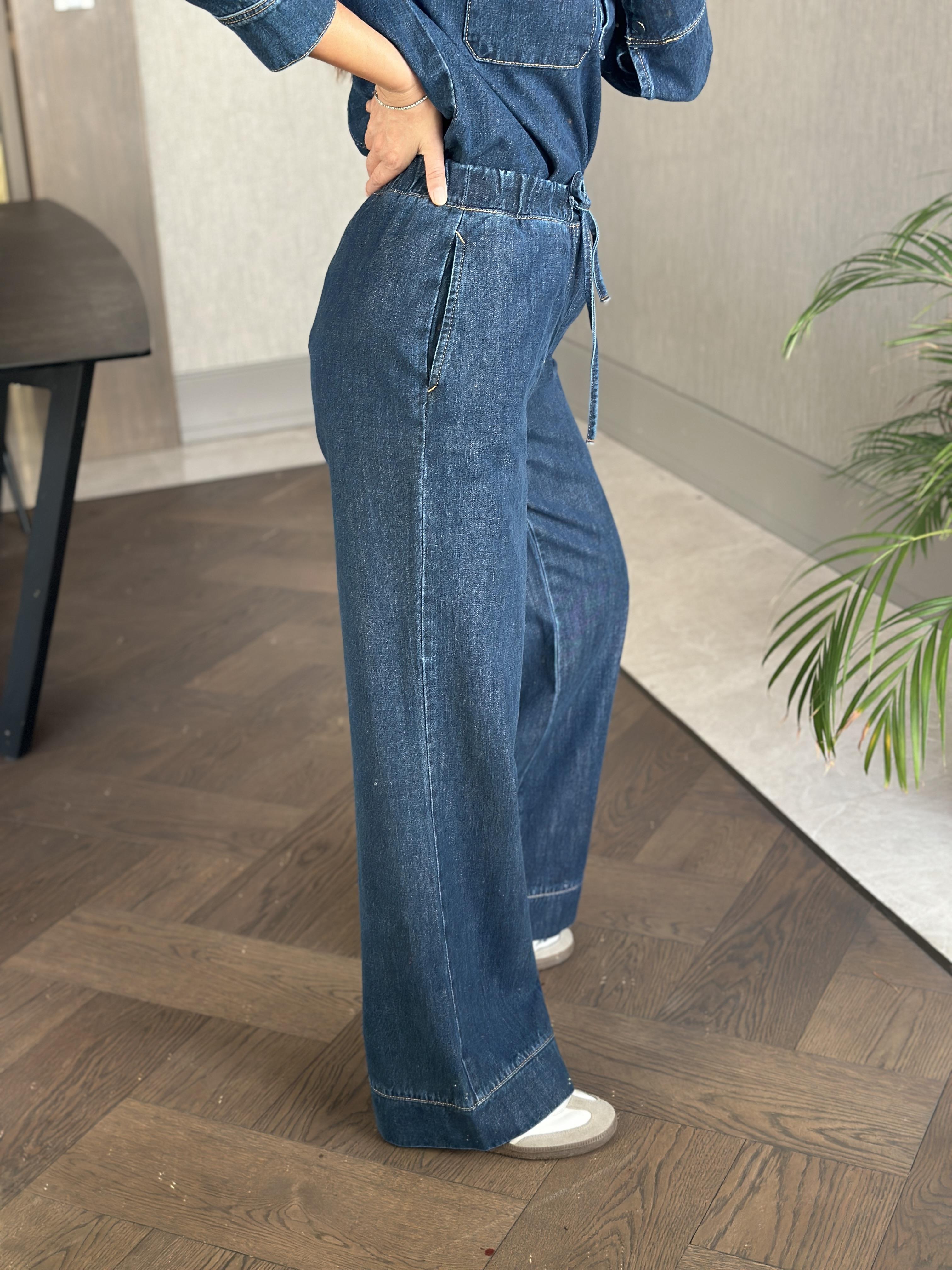 Lacivert Denim Gömlek Bol Paça Pantolon Kadın Alt Üst Takım