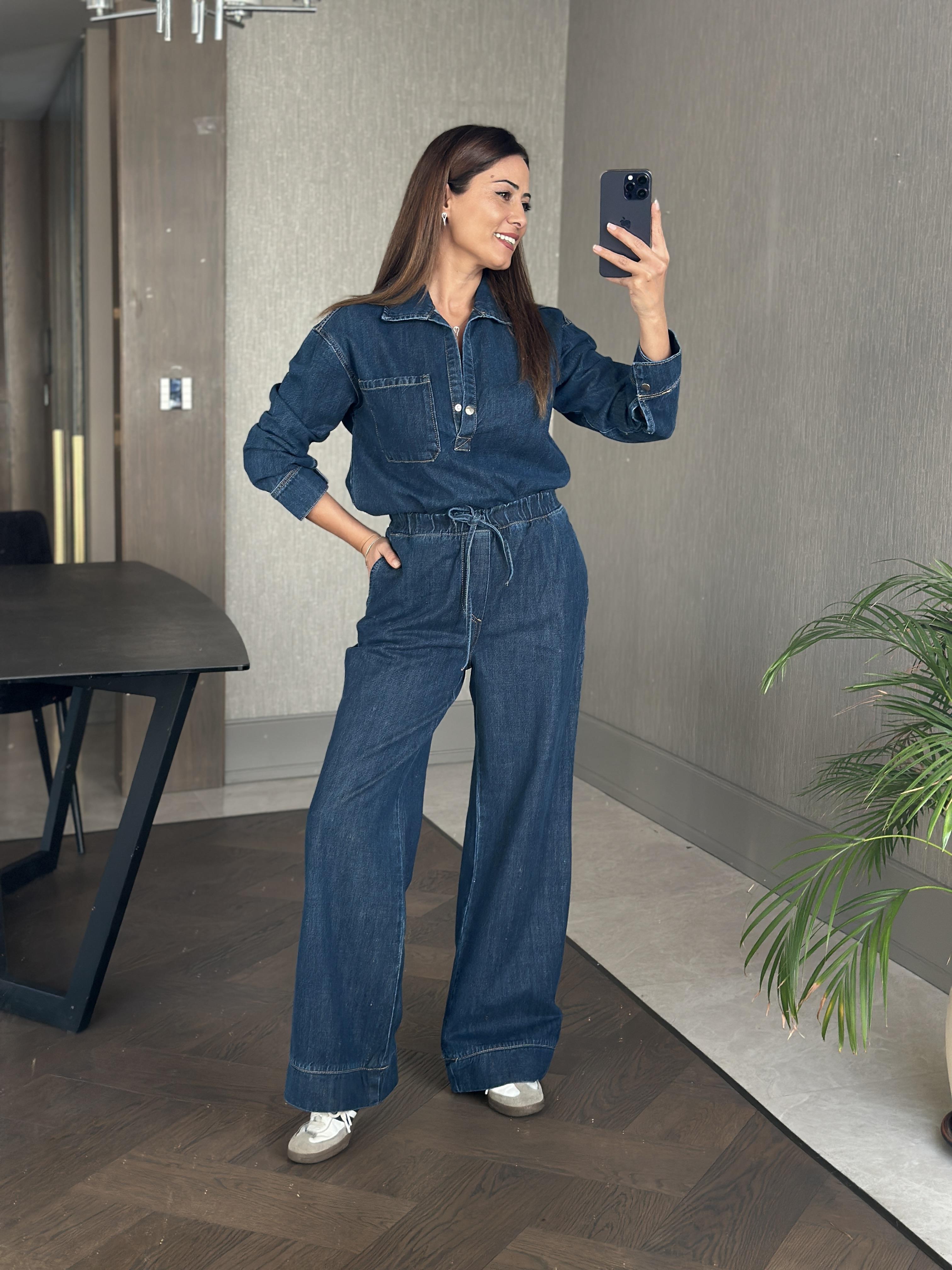 Lacivert Denim Gömlek Bol Paça Pantolon Kadın Alt Üst Takım