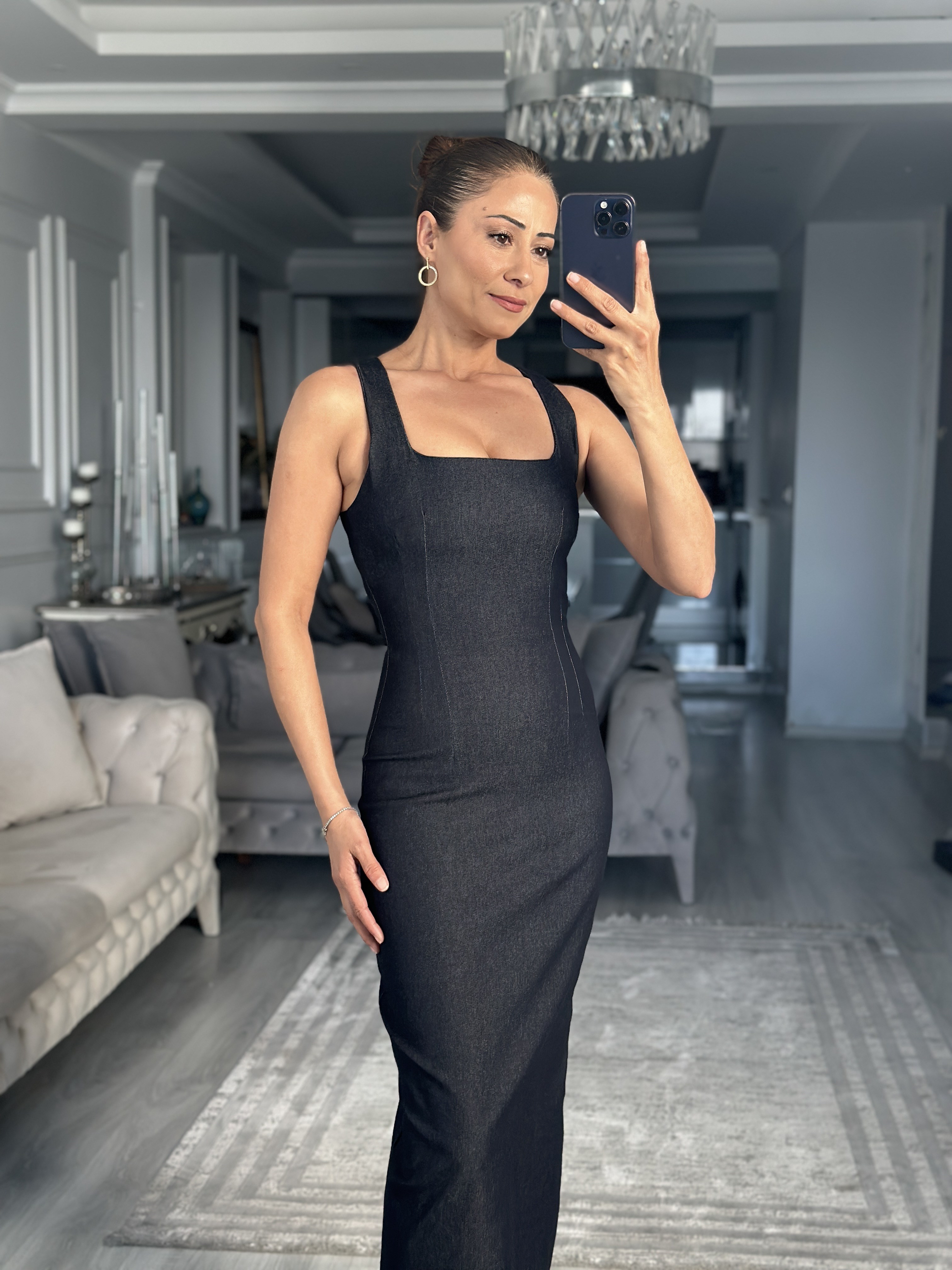 Lacivert Denim Kare Yaka Yırtmaçlı Midi Boy Kadın Elbise 